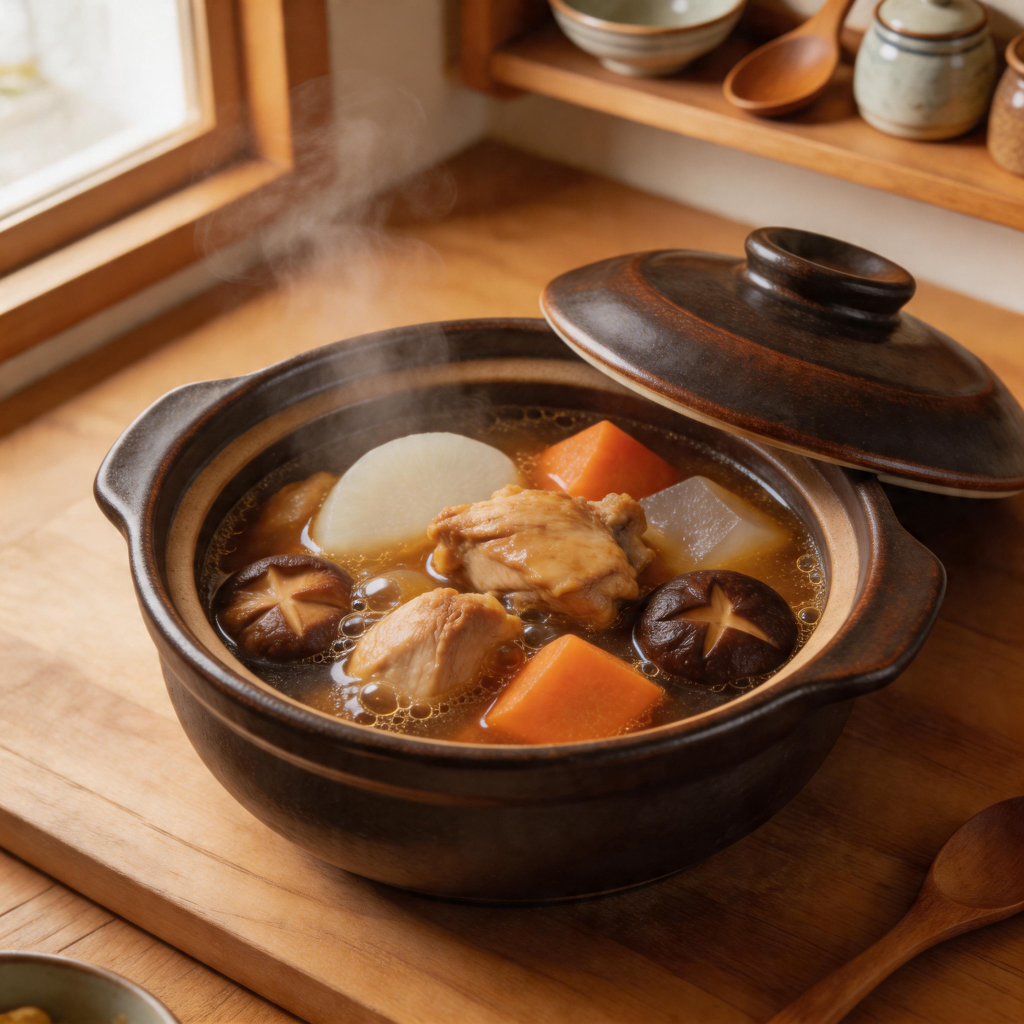 筑前煮の調理過程・鍋で煮込む様子