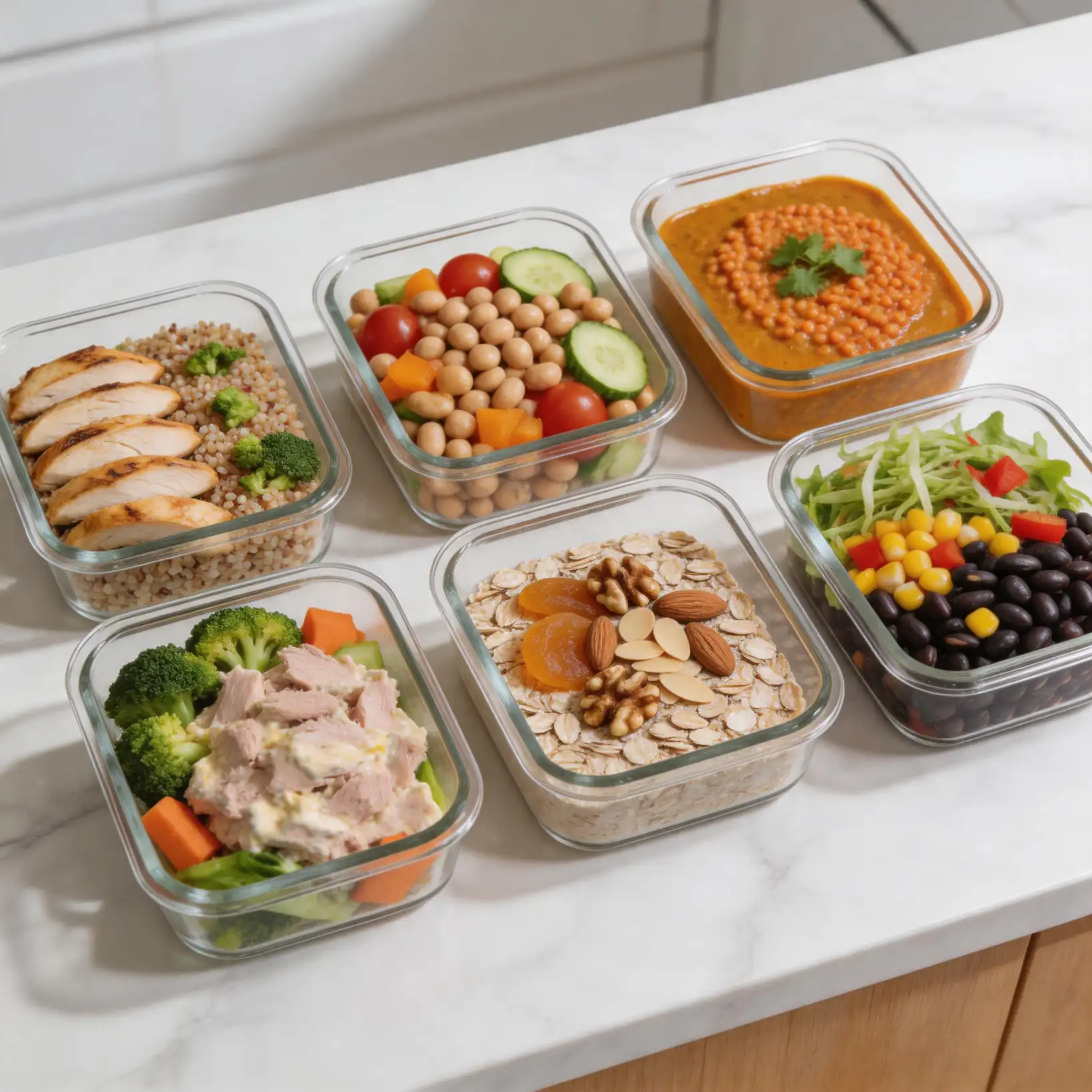 Budget-friendly pantry staples arranged on a marble countertop: eggs, canned tuna, lentils, black beans, Greek yogurt, oats, and peanut butter in natural light