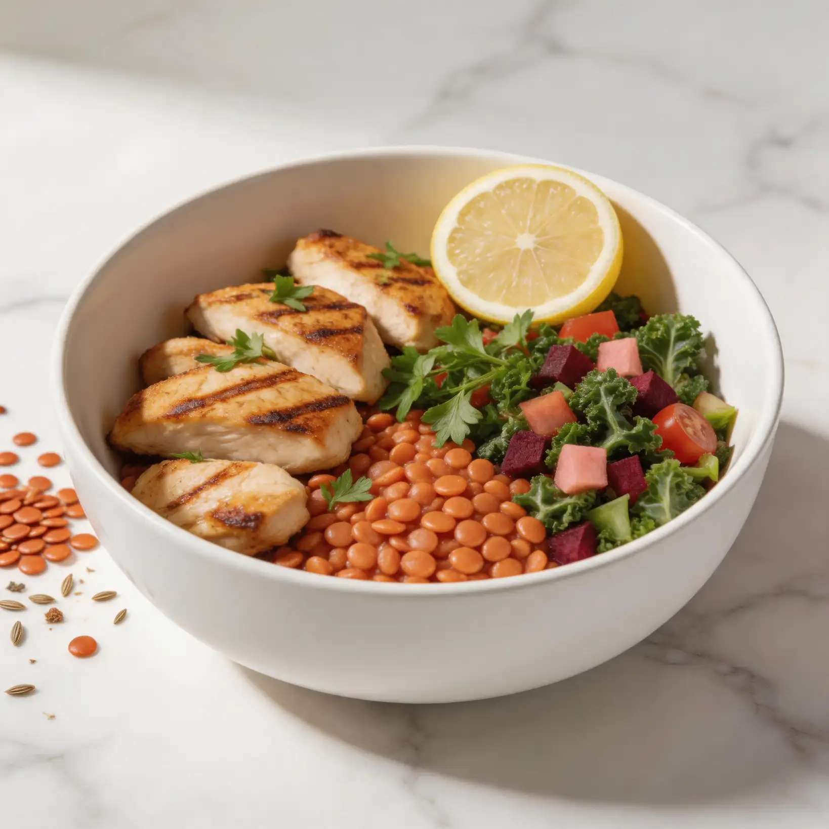 Glass meal prep containers on a wooden kitchen counter filled with chicken, lentils, and rice, with a smartphone showing a recipe app nearby
