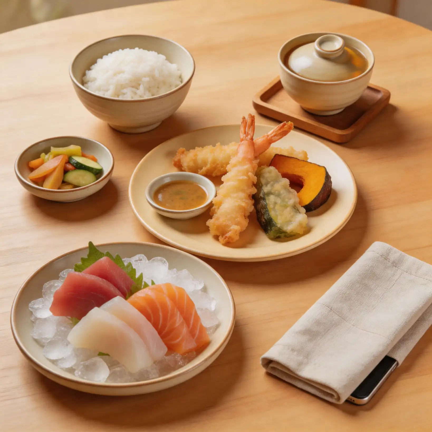 スマートフォン画面に表示されたAI献立プランと自動生成された買い物リスト、日本のキッチンカウンター背景