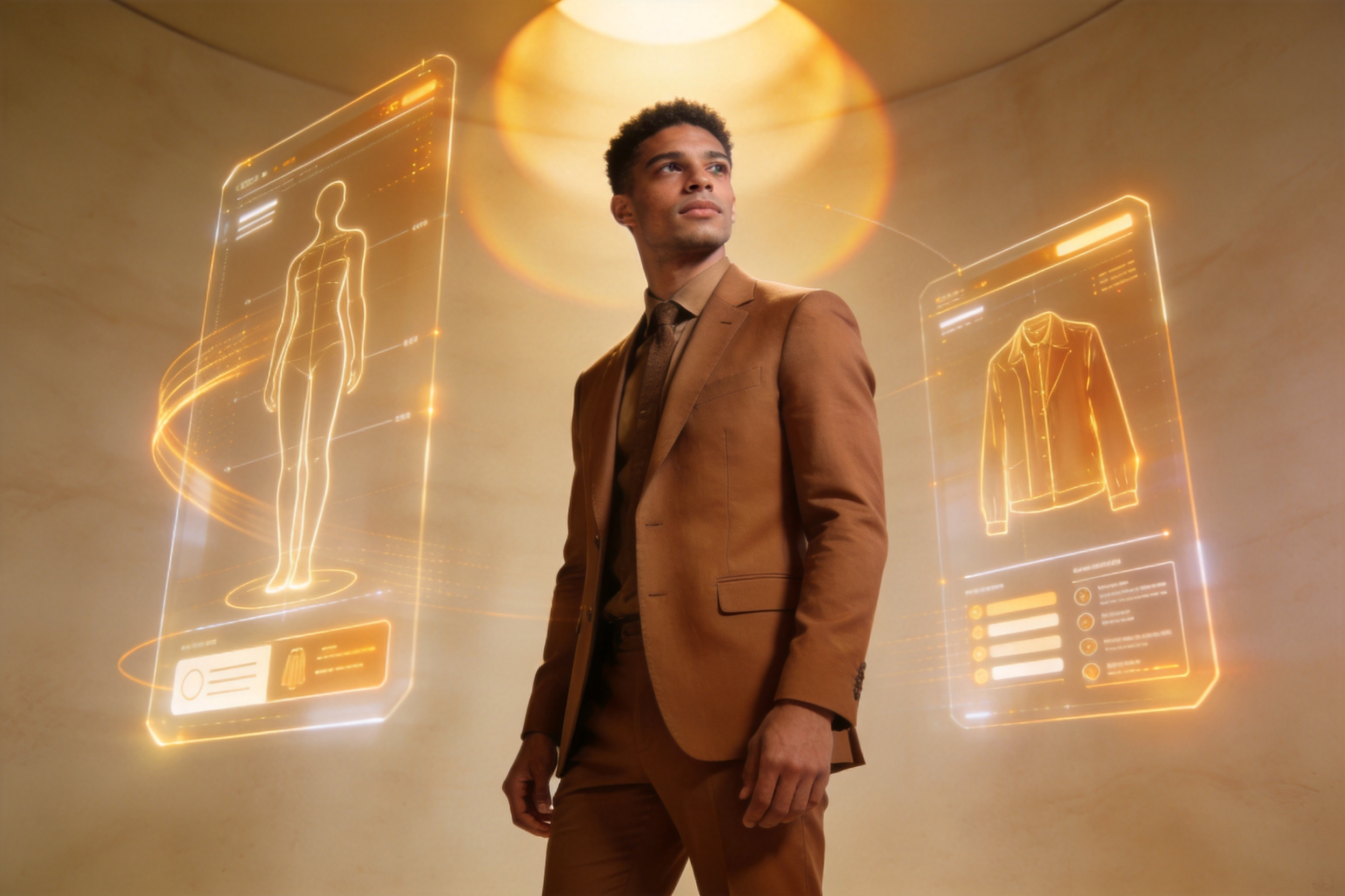 AI technology analyzing men's clothing styles and color combinations on a digital interface