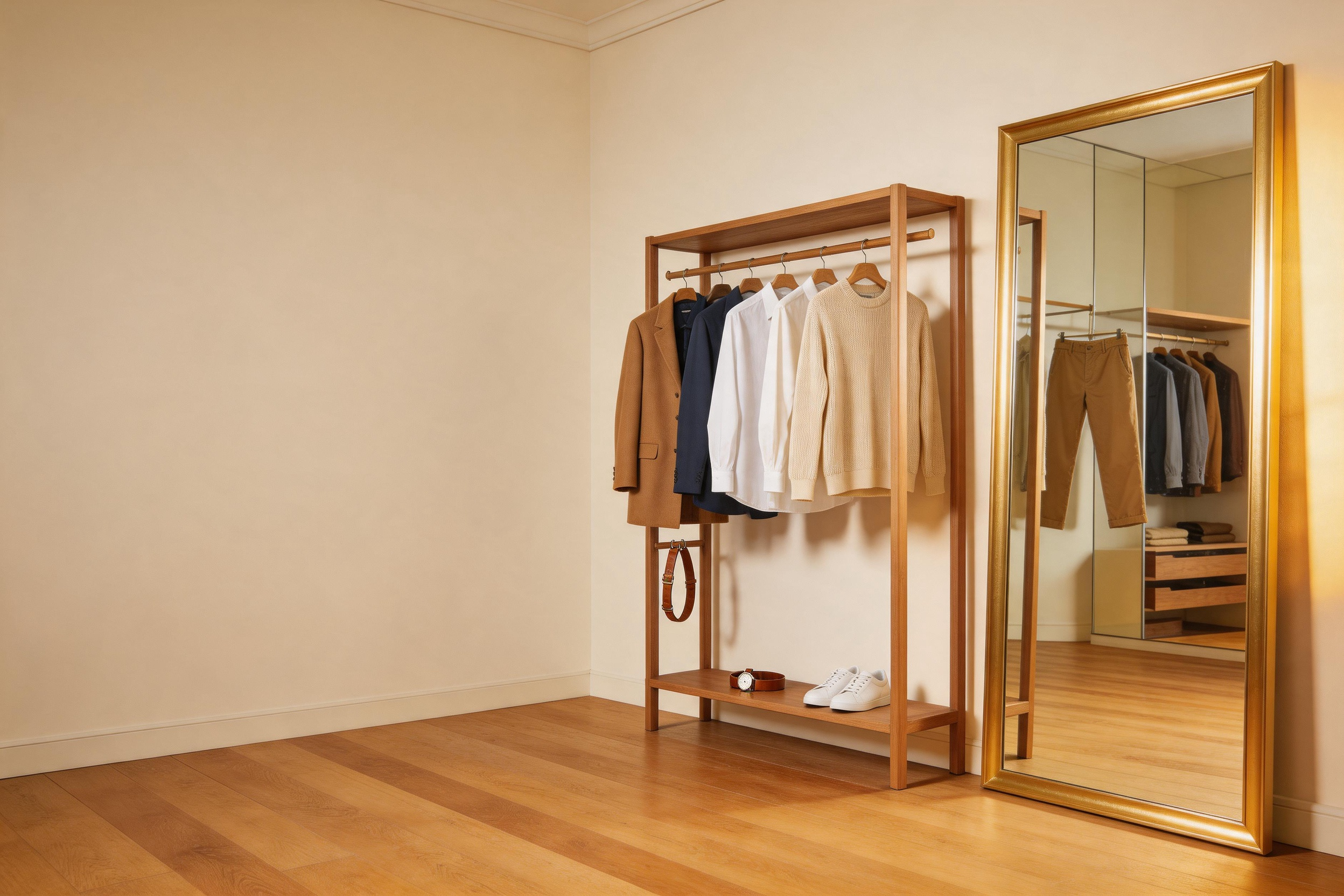 Man organizing a minimalist capsule wardrobe with AI digital closet app on smartphone