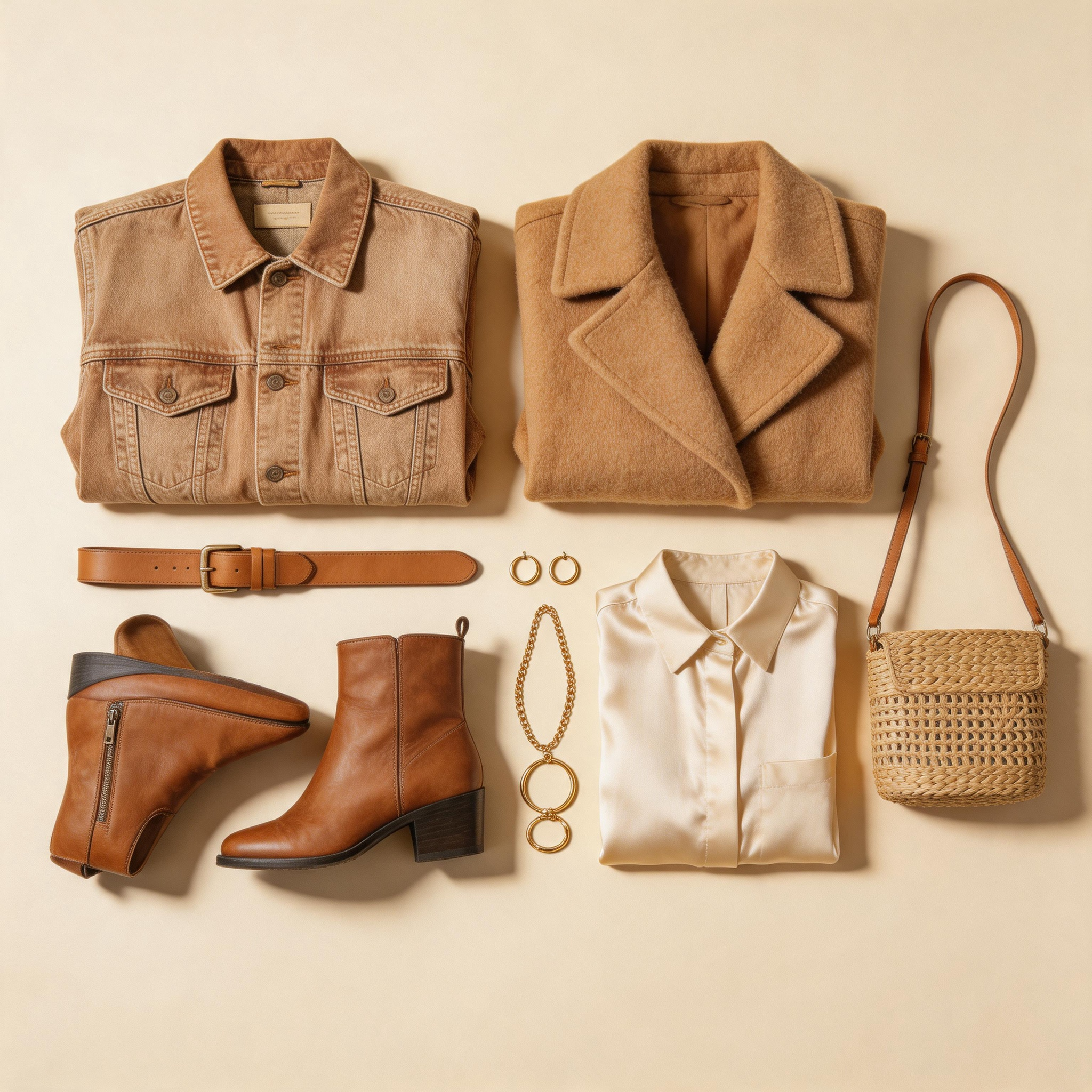 Flat lay overhead shot of curated thrifted clothing on warm cream background with natural light
