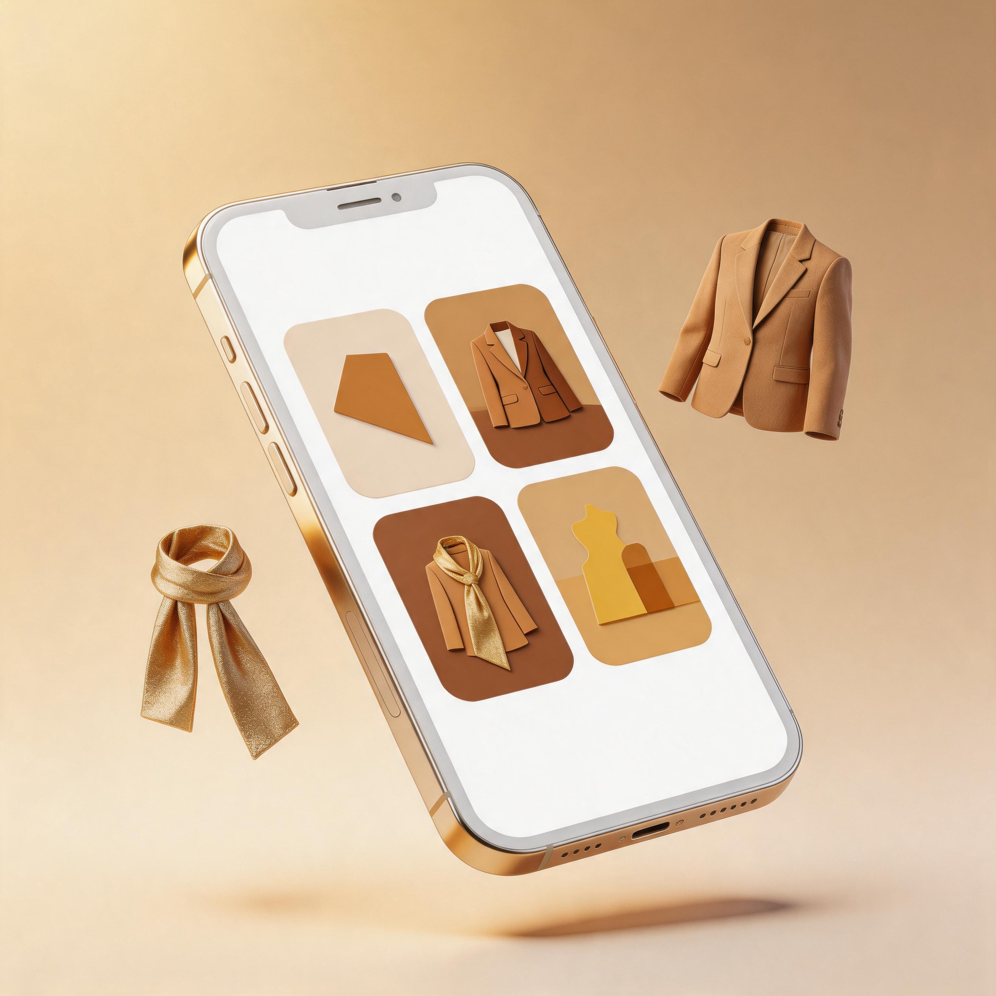 Smartphone displaying AI outfit styling app with warm brown and gold accent interface showing clothing recommendations