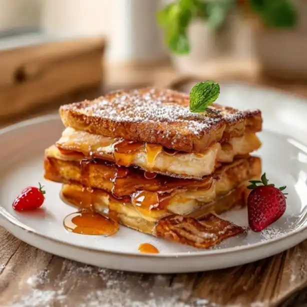 Elegant French toast tower with fresh berries and mascarpone cream, beautifully plated