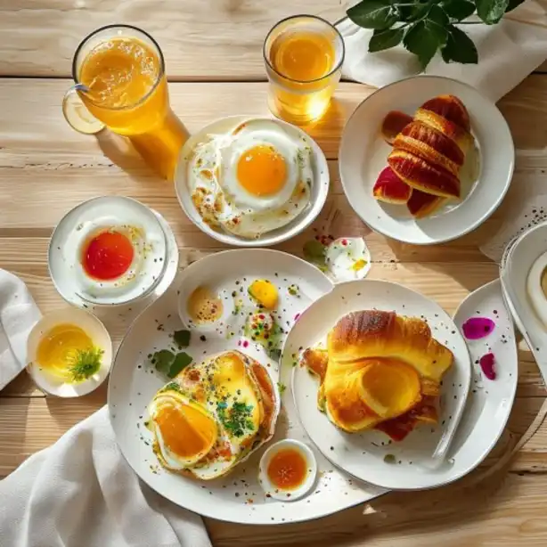 Beautifully plated brunch spread with eggs Benedict, smoked salmon toast, and fresh fruit arrangement