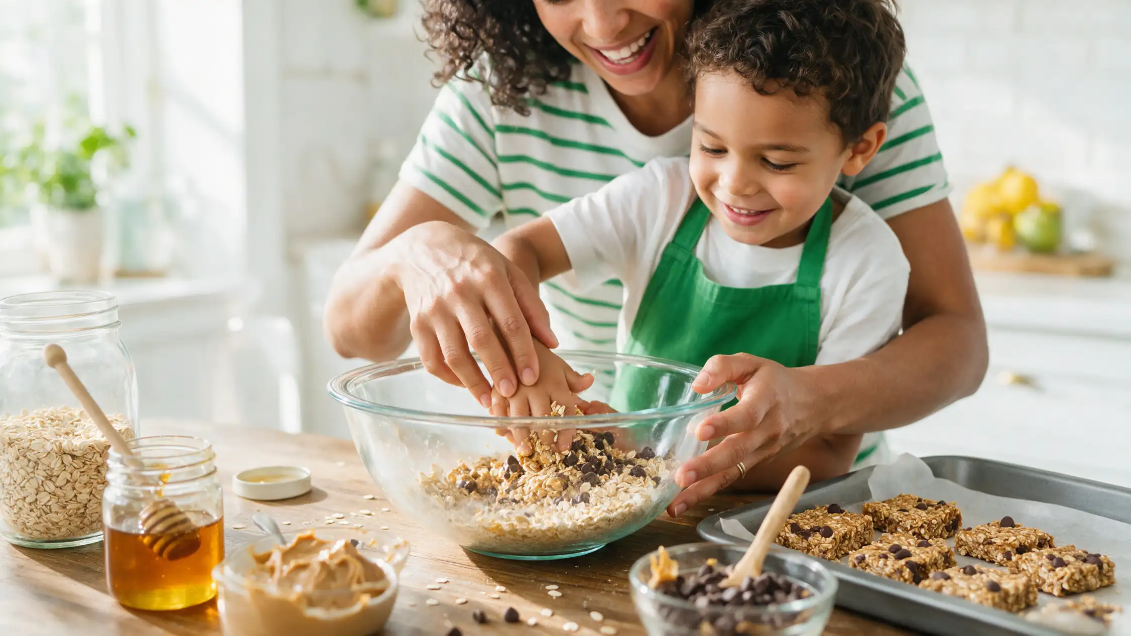 Healthy after-school snacks including no-bake granola bars and savory snack boxes.