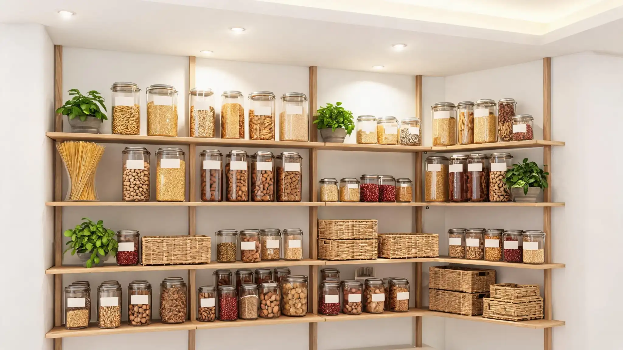 Small kitchen pantry organization with tiered shelves