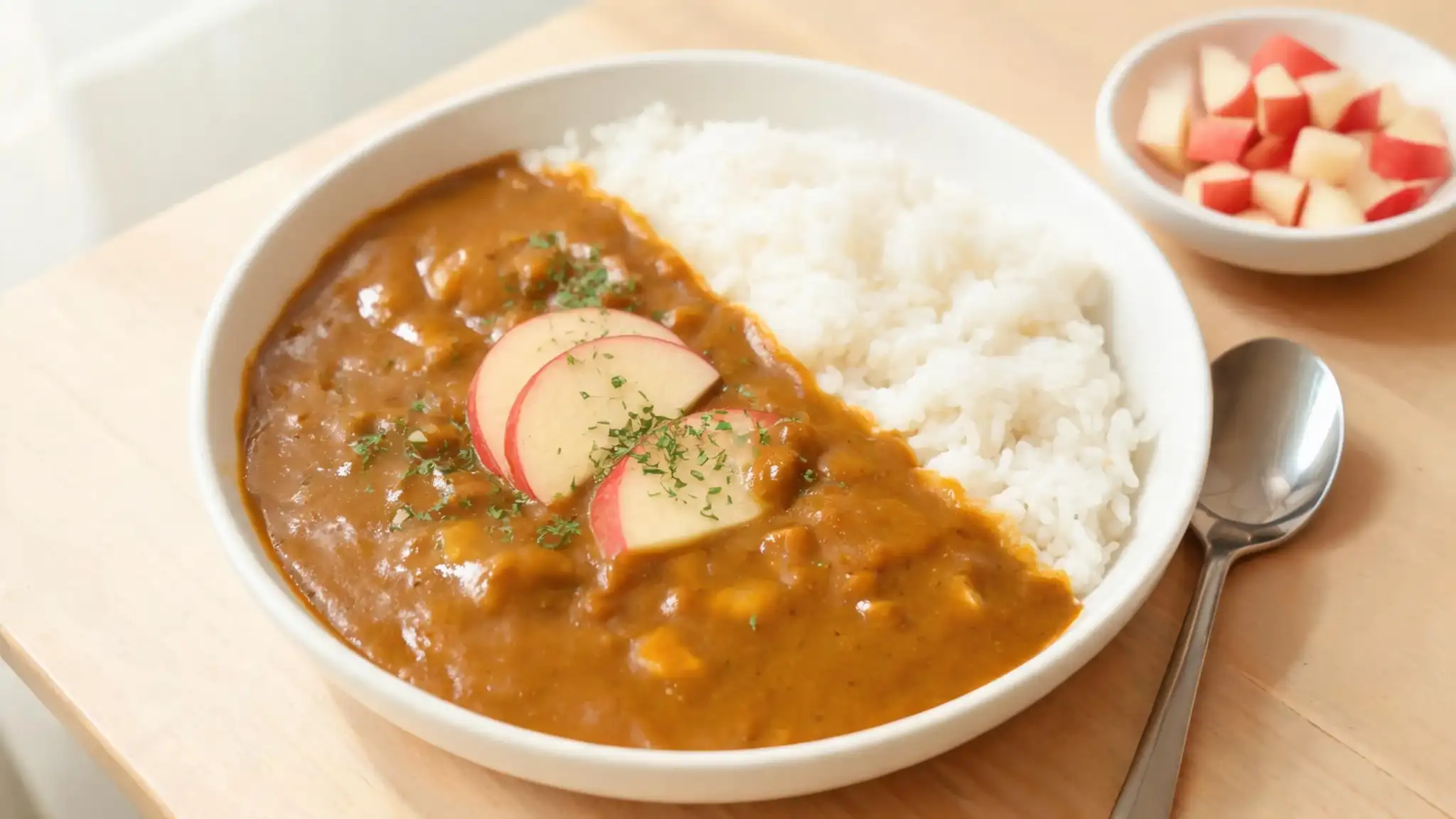 りんごカレーに合う副菜・福神漬けやサラダと、お弁当・作り置き向けの盛り付けイメージ画像