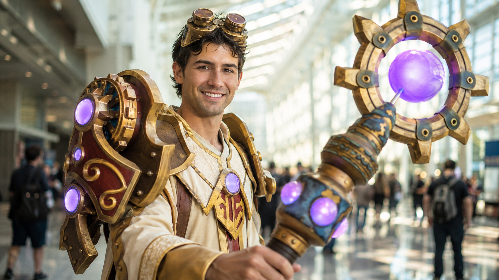 Man in a steampunk fantasy mage, combining antique brass machinery, fantasy armor, magical glowing elements, and handcrafted convention cosplay aesthetics.