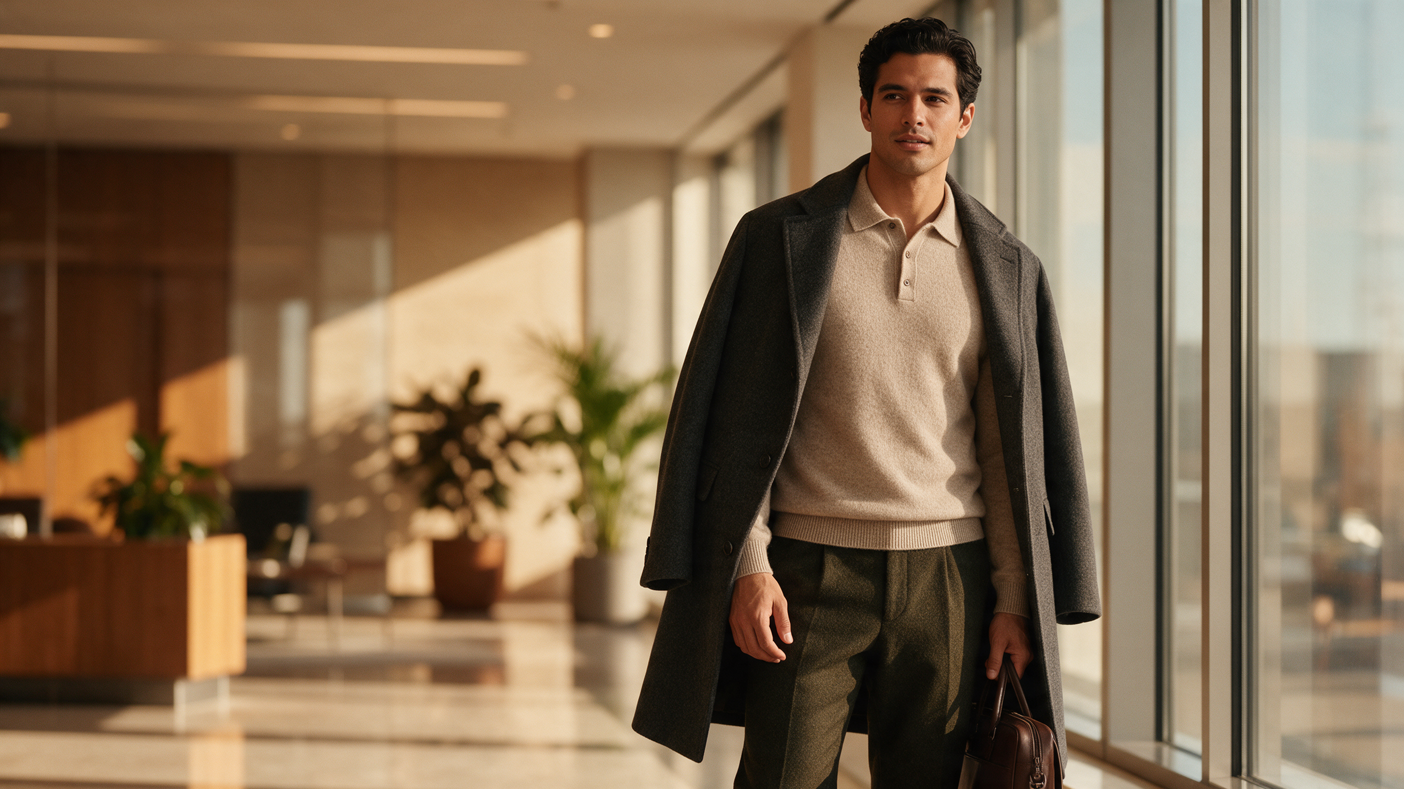 Man in a merino knit polo layered over a light-blue shirt with a charcoal overcoat draped over his shoulders, carrying a leather briefcase in a bright modern office lobby