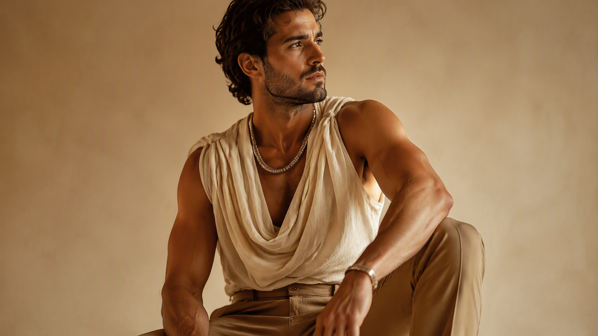 Greek inspired gym outfits men 2026 with draped linen top and bronze cuff