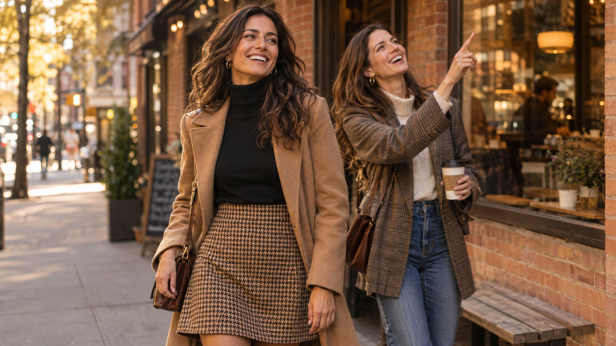 Wool tweed A-line skirt styled for a city street and office look with a tucked turtleneck, tailored coat, and ankle boots