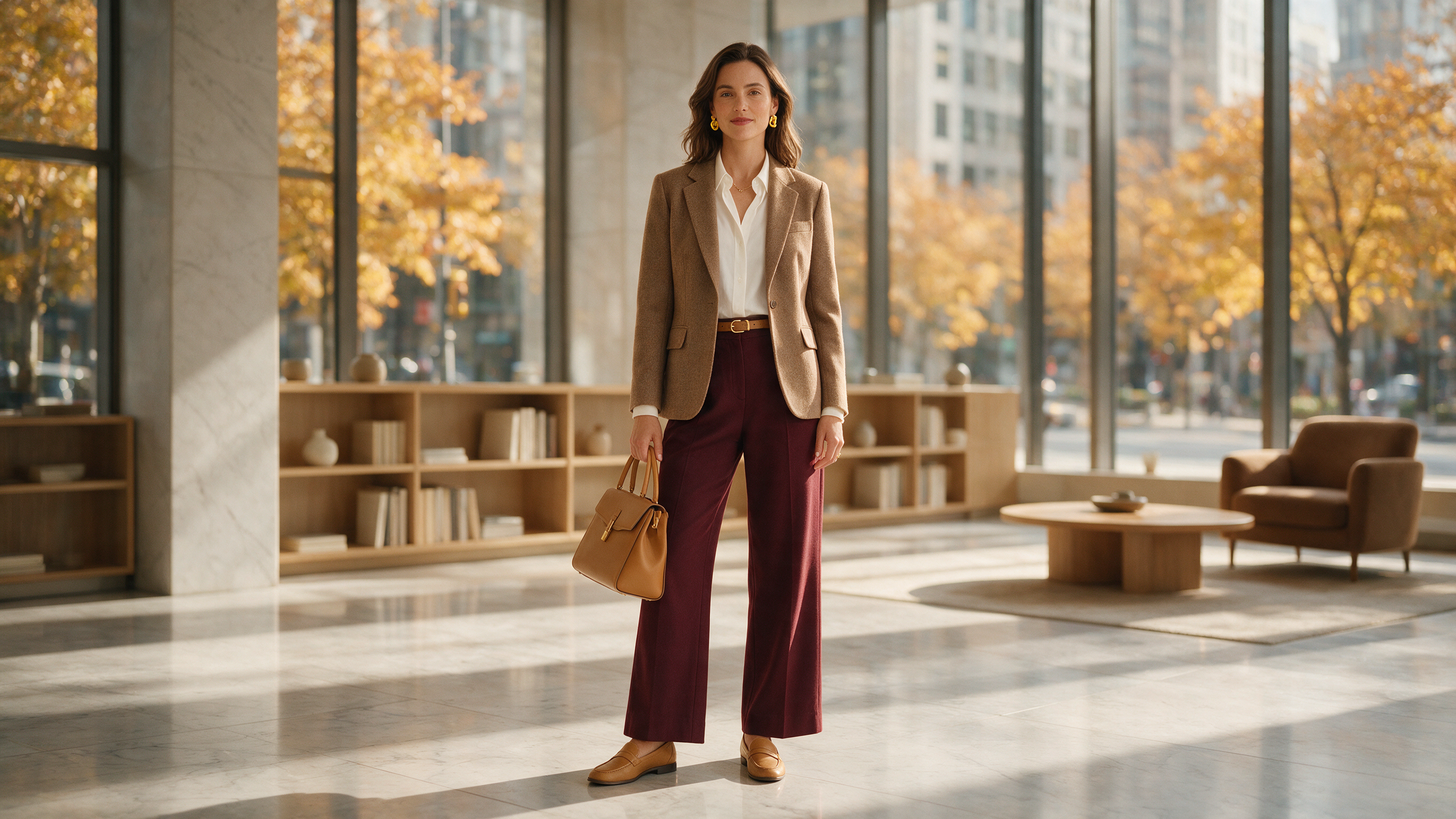 Professional woman in layered taupe blazer and cream knit standing on an autumn city street