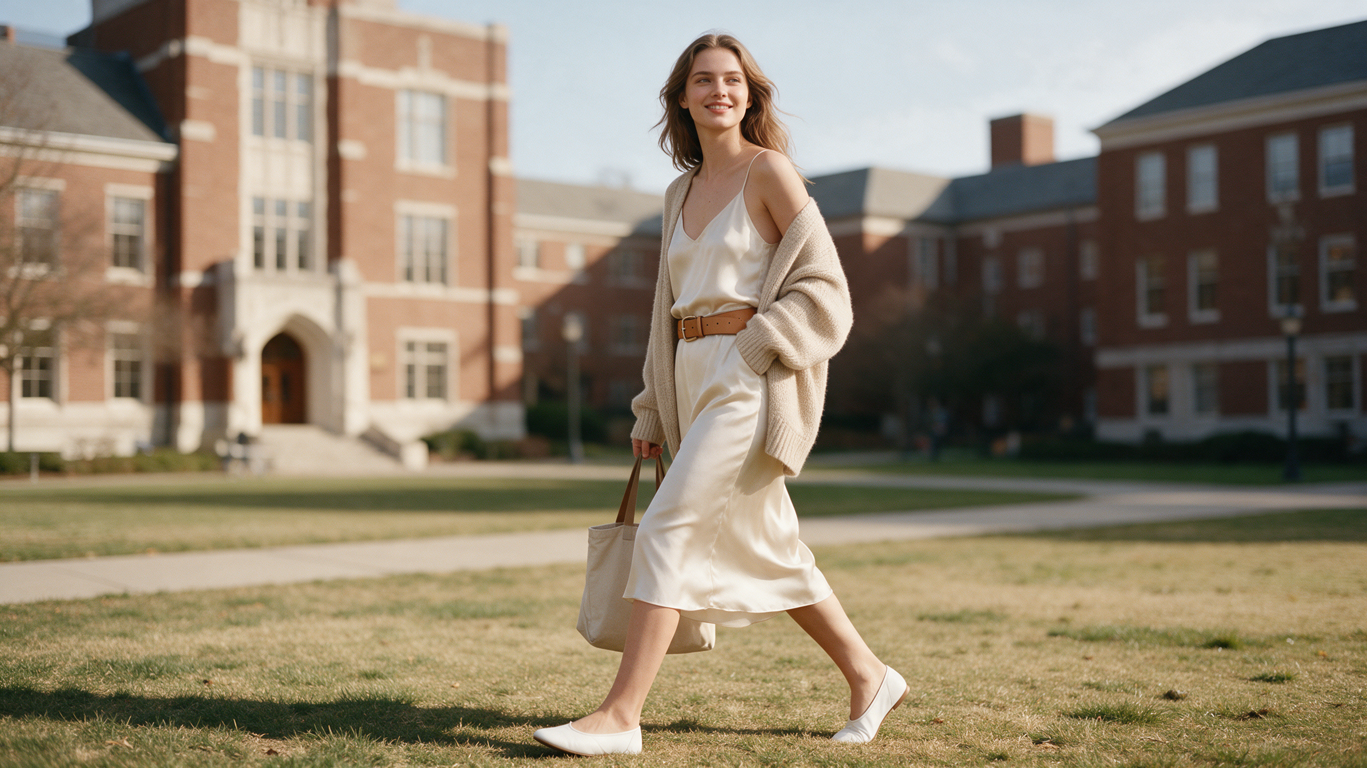 Casual campus welcome party outfit: silk slip dress with oversized knit cardigan and white flats on a college quad