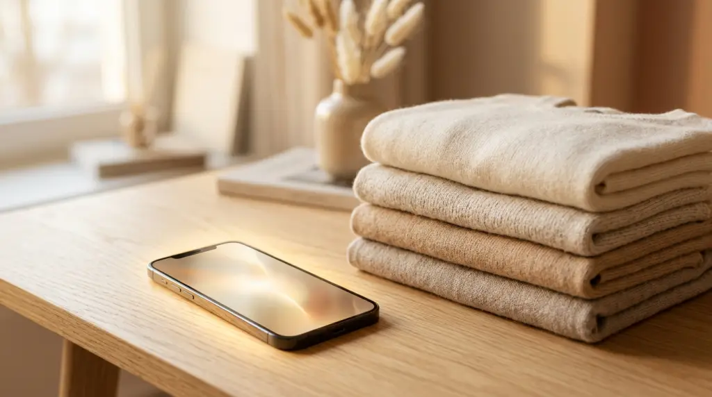 AI-powered Korean fashion outfit suggestions on smartphone beside pastel garments