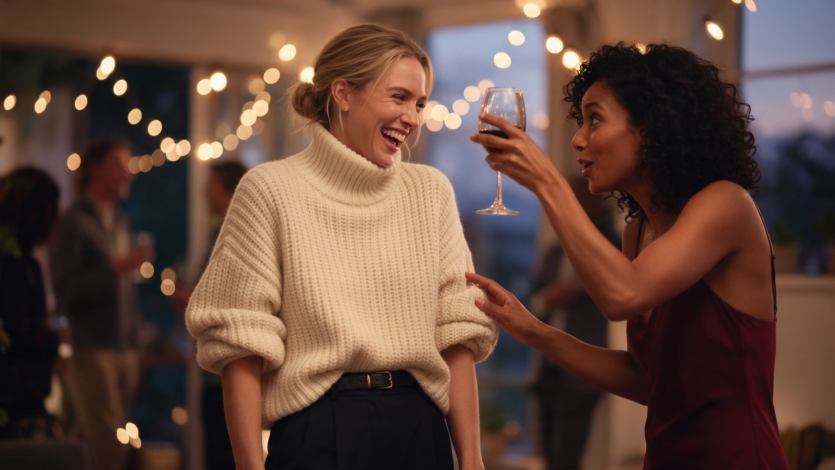 Party night date outfit 2026: woman wearing a cream ivory chunky oversized turtleneck sweater with sleeves pushed up to the forearms, front half-tucked into high-waisted black tailored trousers with a slim leather belt defining her waist, voluminous knit on top balanced by a sleek fitted bottom half, proportions look balanced not bulky.