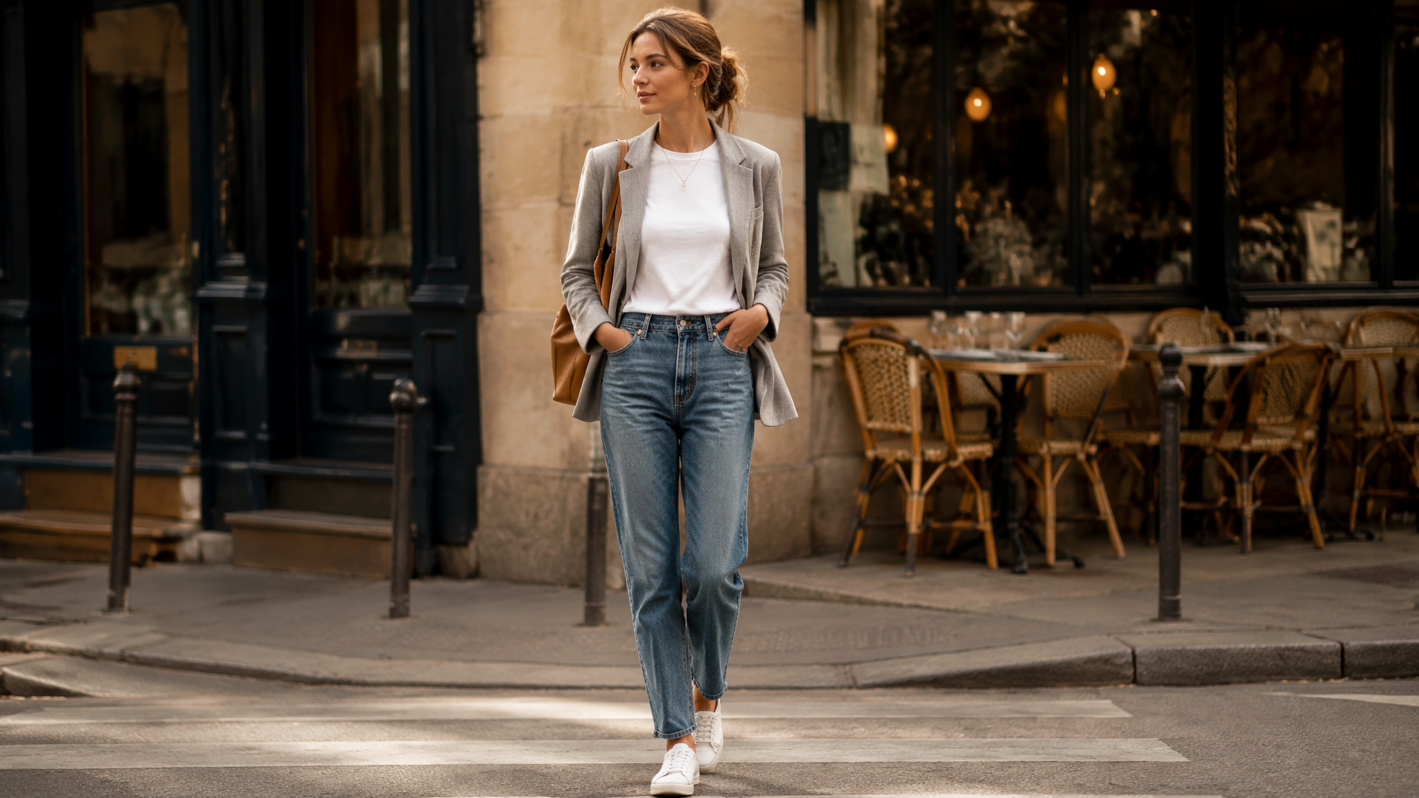Woman in a beige lightweight blazer, white linen shirt, and wide-leg jeans walking on a sunlit Spanish street