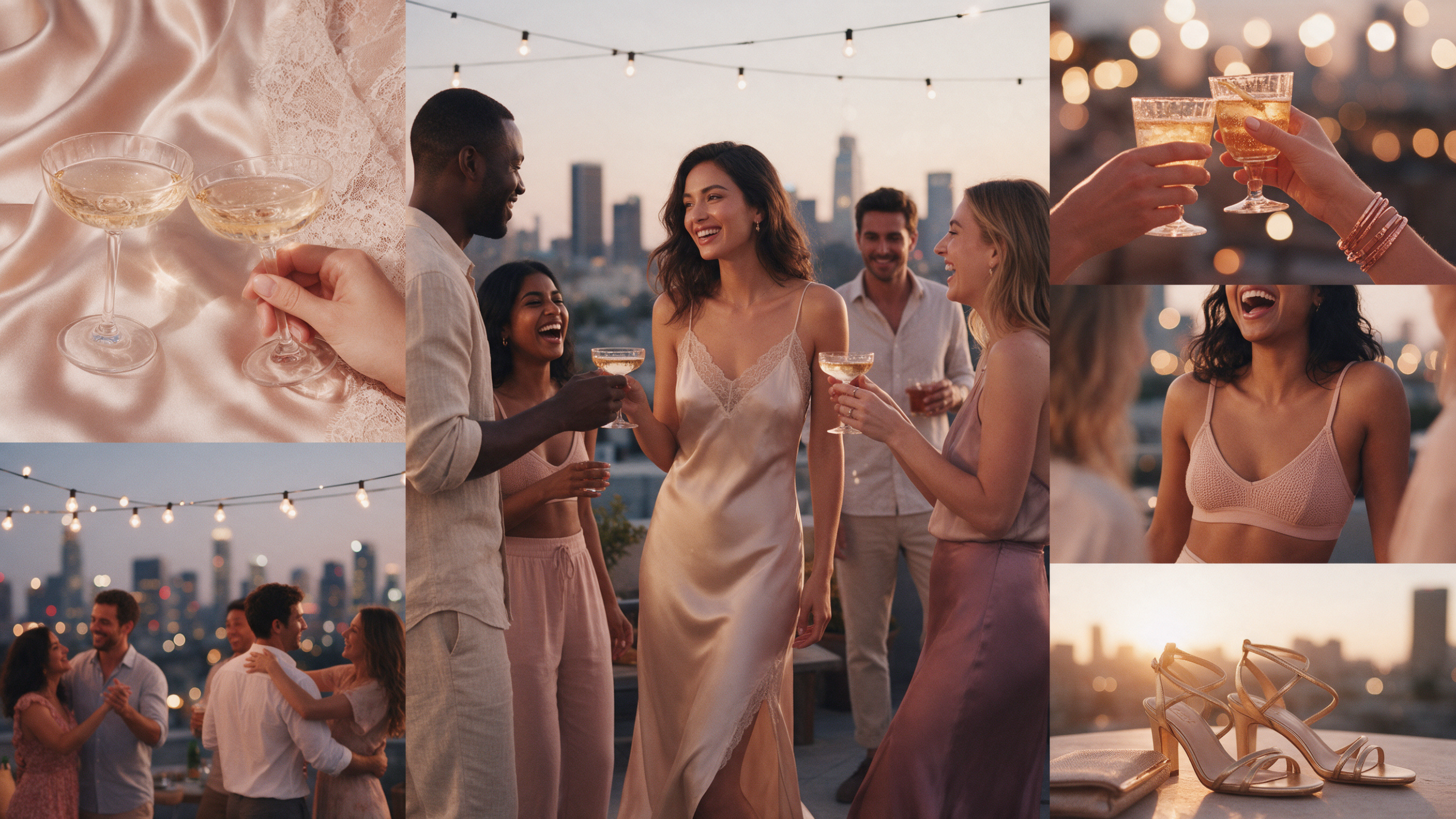 Evening rooftop party styling: a black fashion corset worn as a top and a lace bodysuit under an open silk shirt against city lights