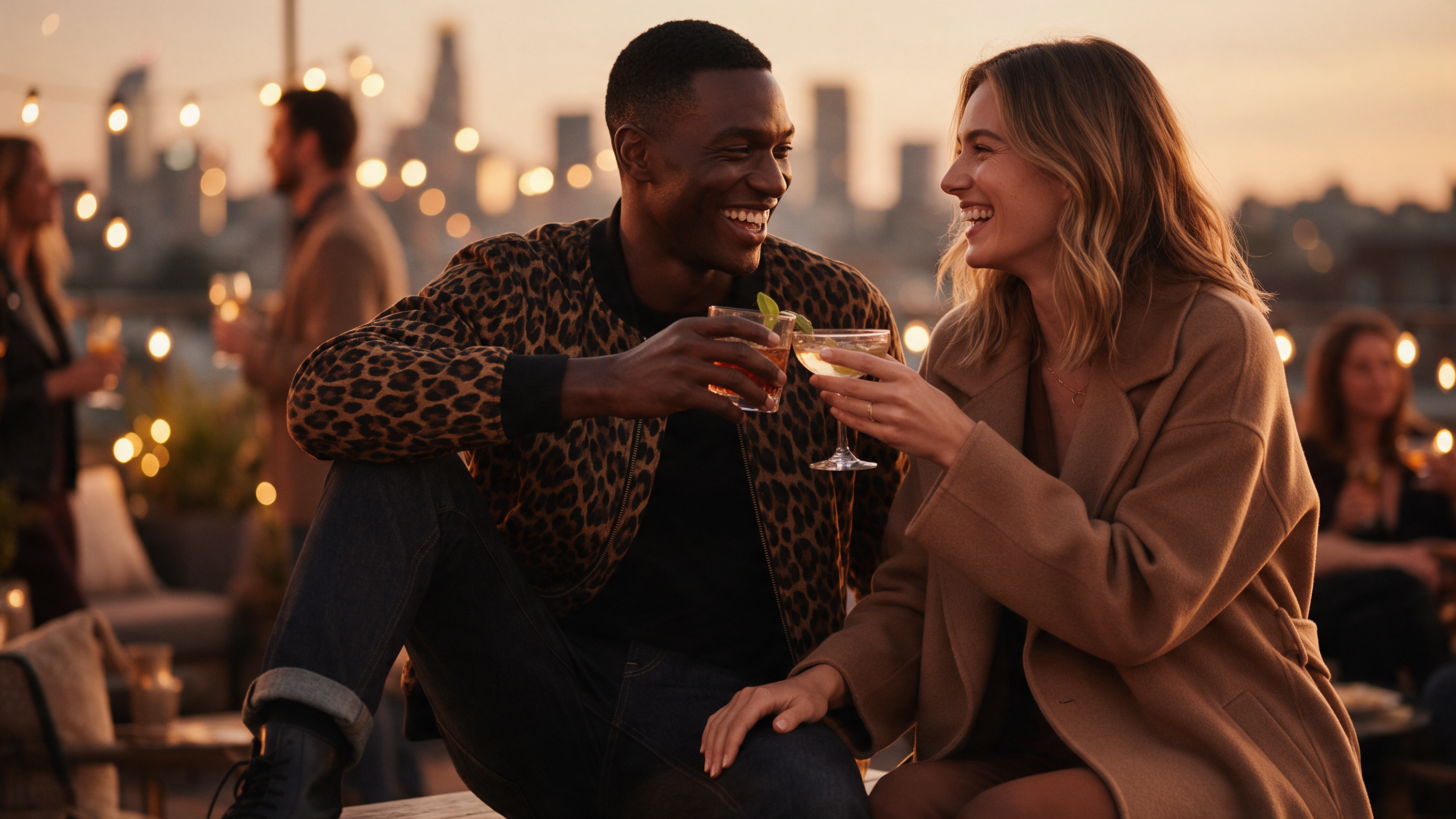 Man with a deep skin tone wearing a leopard print knit sweater under a camel overcoat with cream trousers, laughing and clinking glasses with a friend at an evening street party, fall city lights in the background