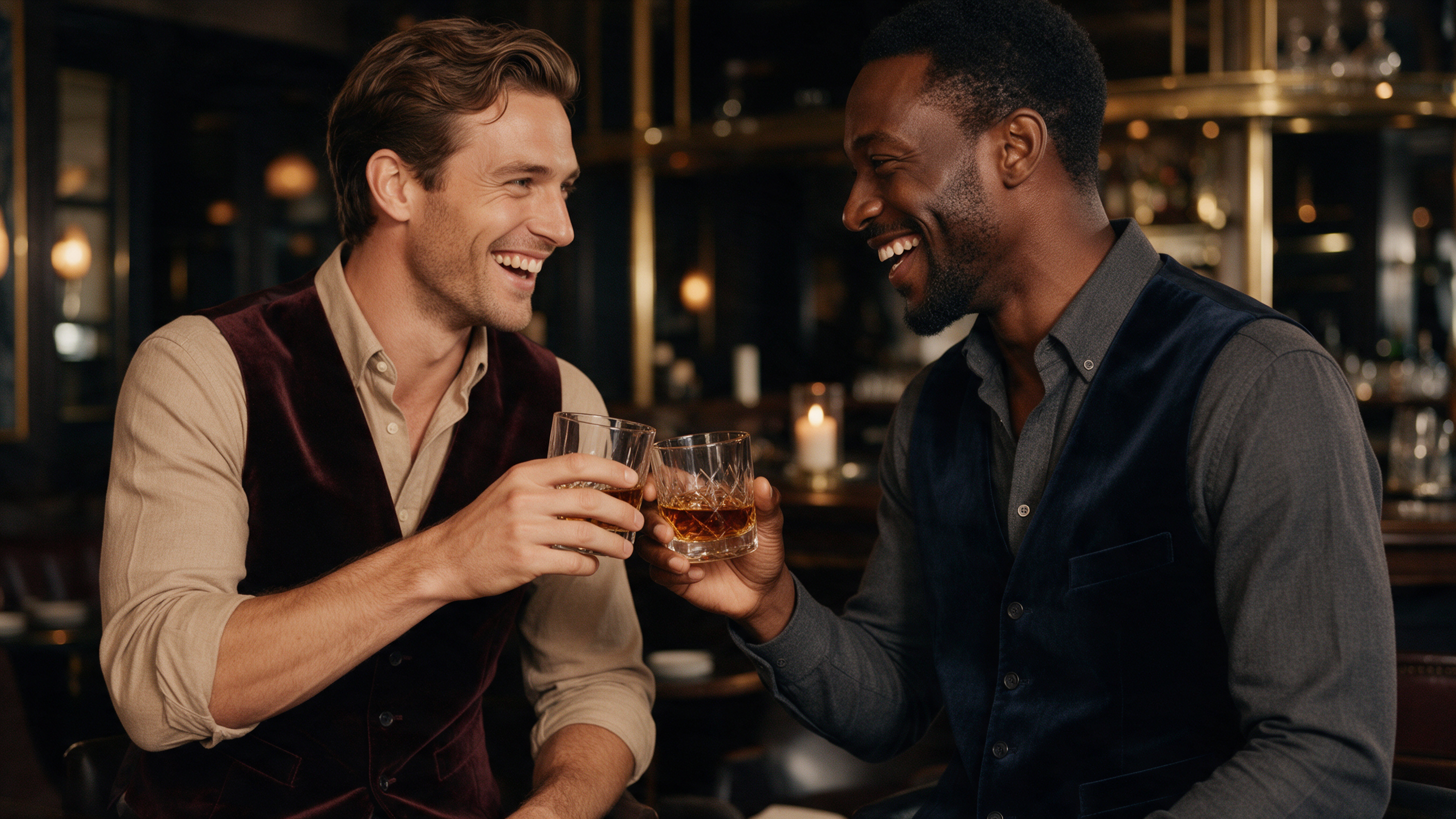 Man in a deep burgundy velvet vest at a candlelit restaurant party, festive evening atmosphere