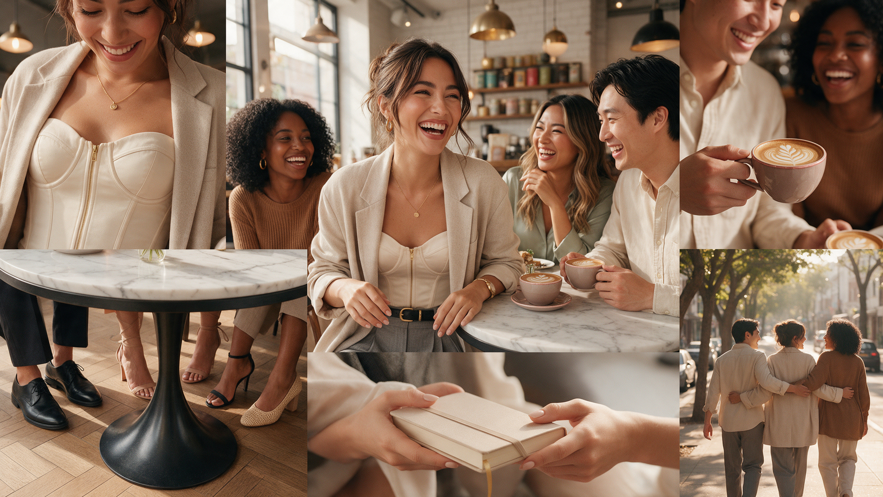 Three friends in runway-inspired lingerie styling—slip dress with blazer and bodysuit with wide-leg trousers—at a bright LA sidewalk café