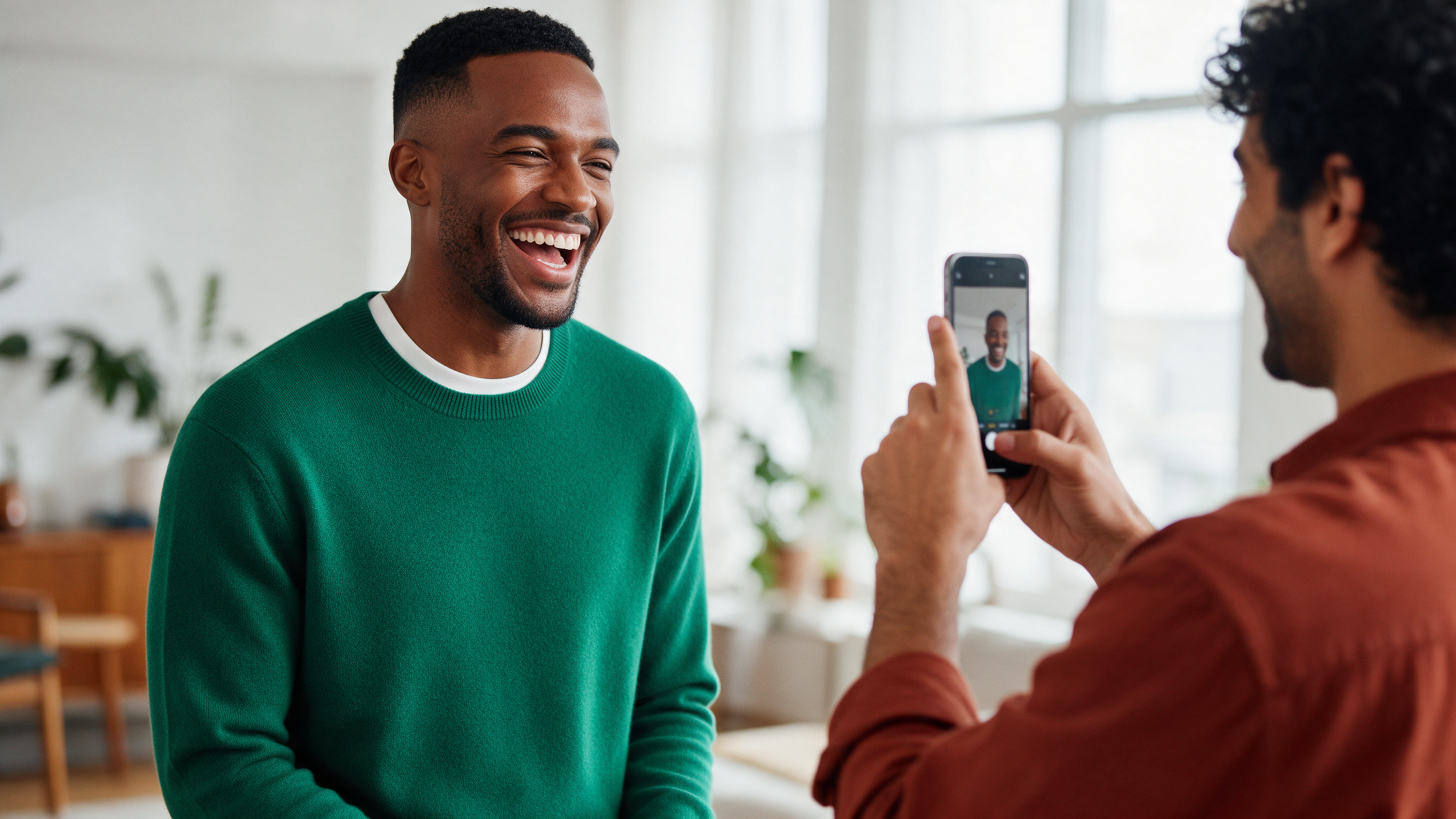 A men wearing a rich emerald green merino crewneck sweater layered over a crisp white t-shirt, laughing naturally while a friend