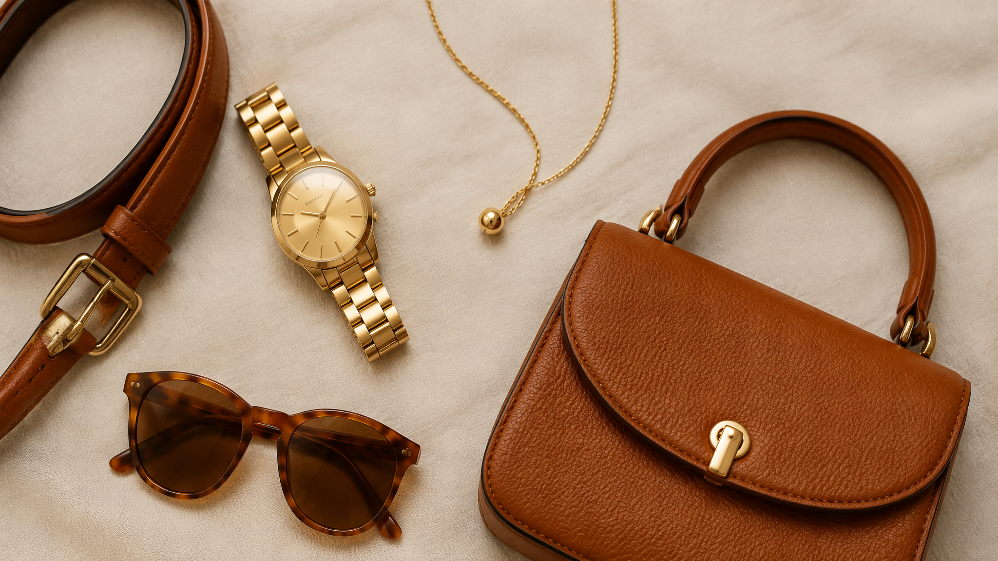 Flat lay of a capsule wardrobe with camel coat, white shirt, navy trousers, and leather loafers