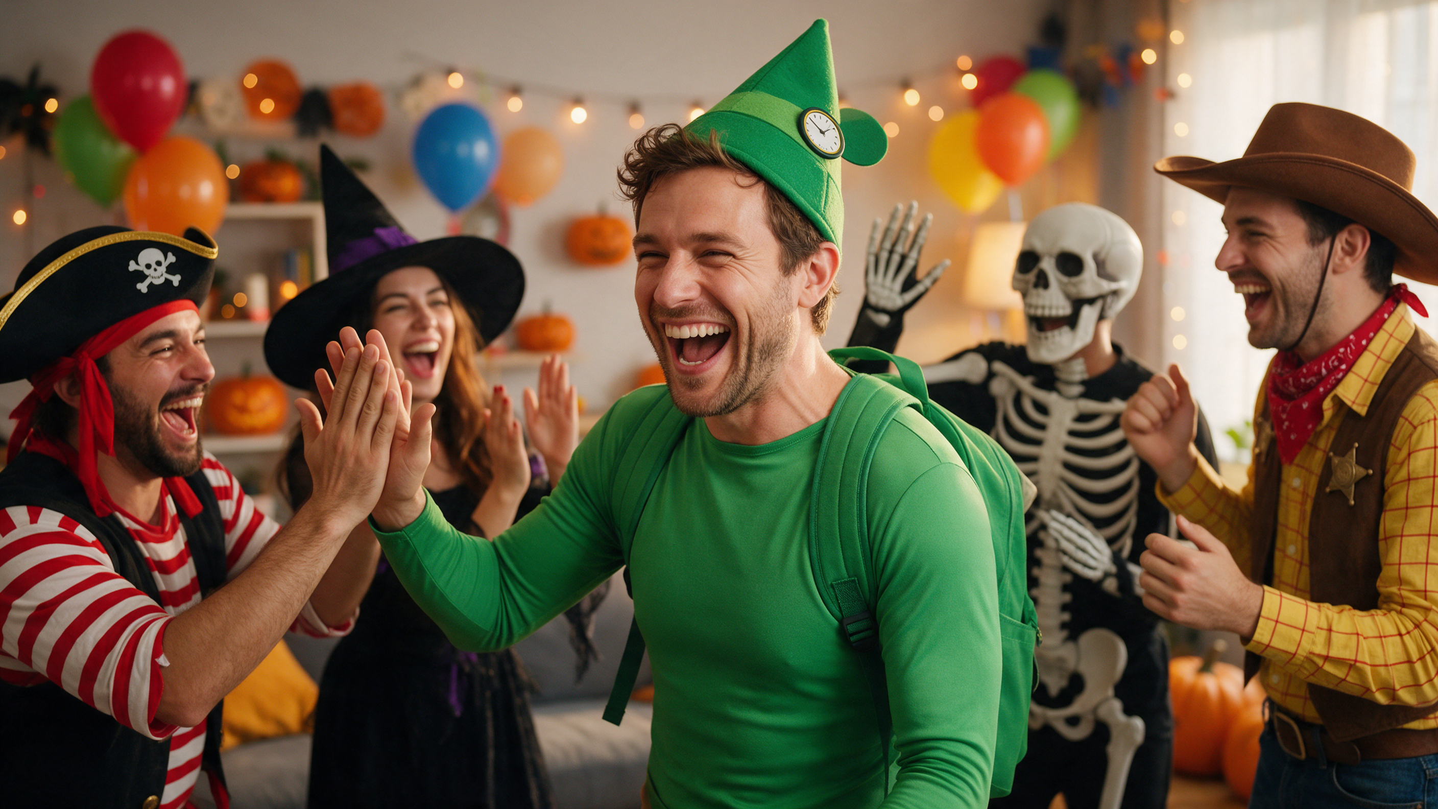 Candid group moment of costumed friends laughing together around a snack table at a crowded Halloween house party, mixed men's costumes visible including a green character bodysuit and black tailored looks, warm ambient lighting, genuine social interaction