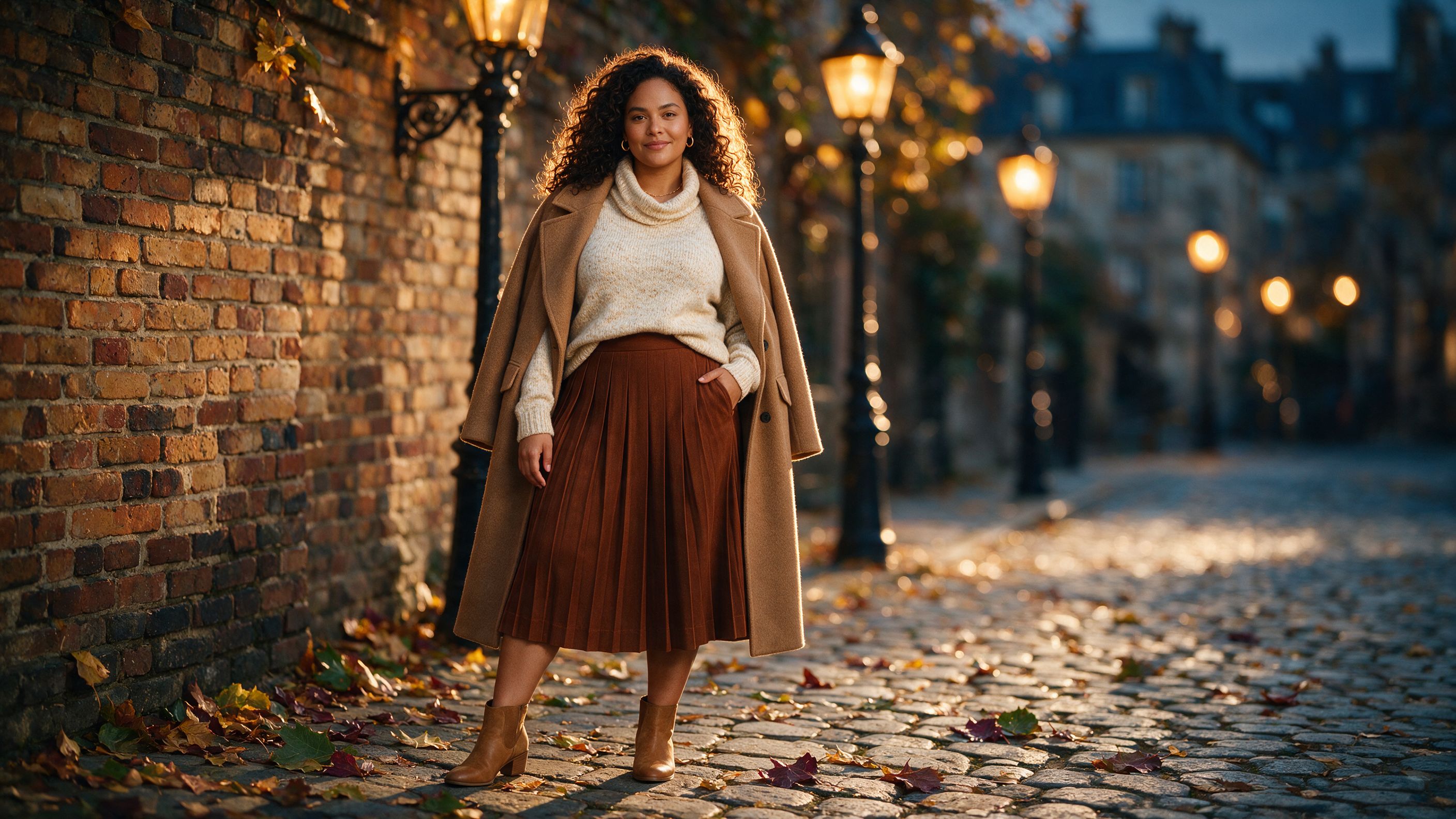 Flat lay of fall wardrobe essentials including a burgundy pleated skirt, camel blazer, cream knit, and leather ankle boots