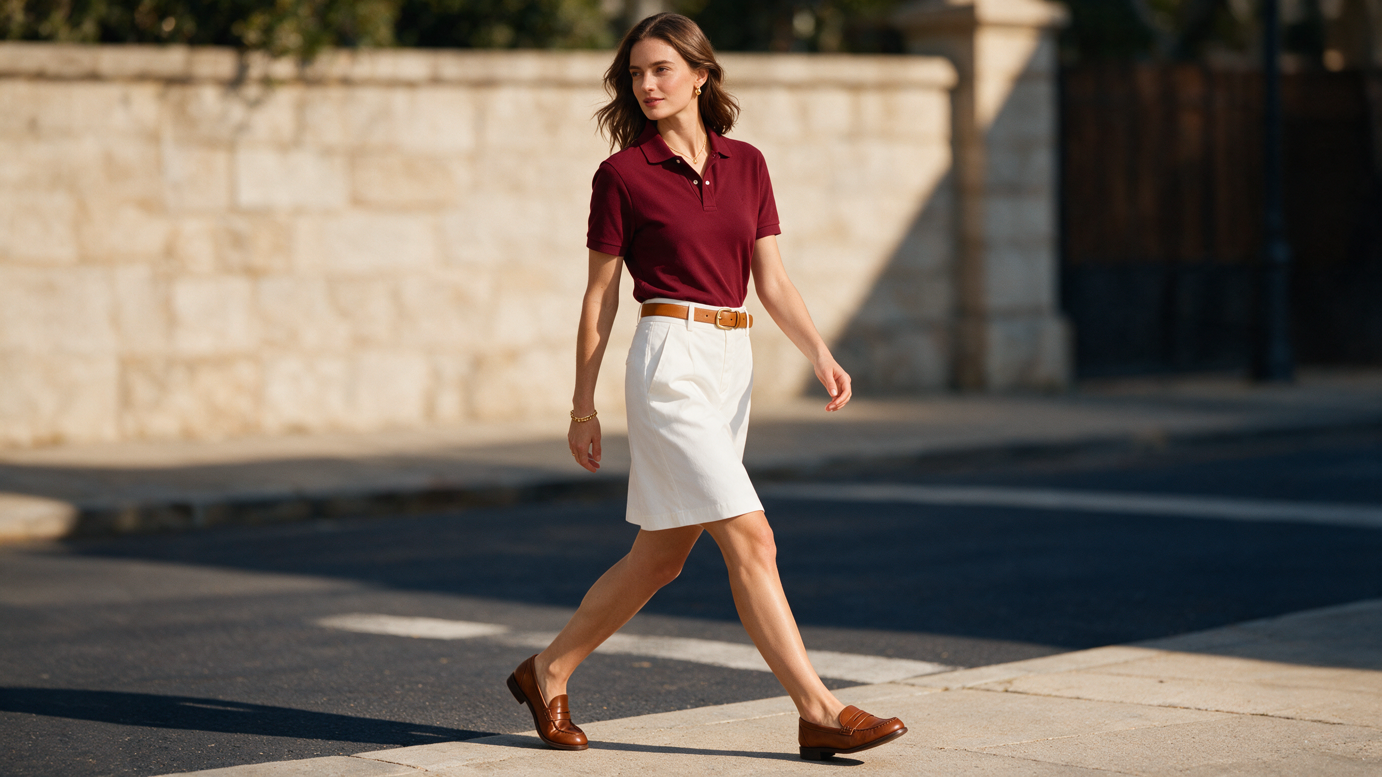 Preppy cable-knit polo with cream white pleated skirt and loafers