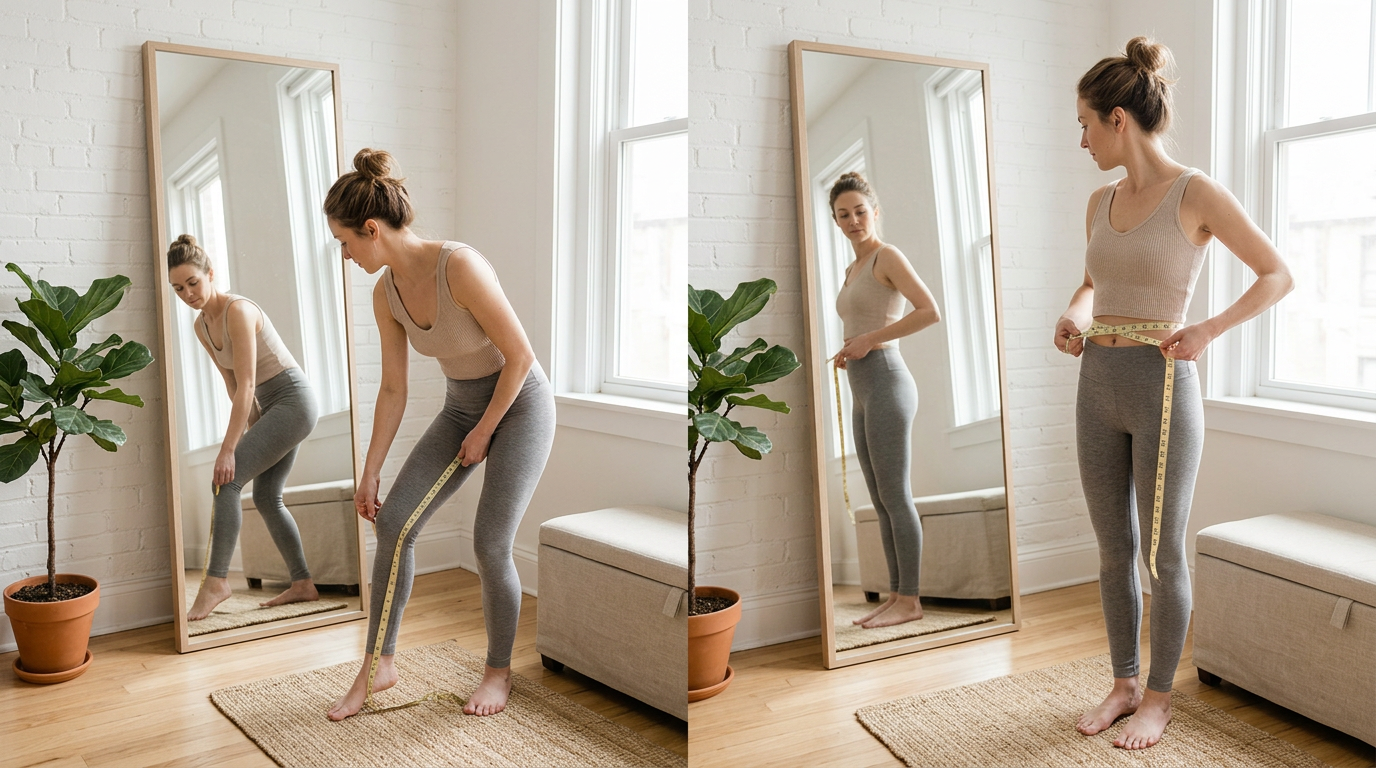 Petite woman using a soft measuring tape to measure her inseam and waist in front of a mirror, bright minimalist room, natural daylight