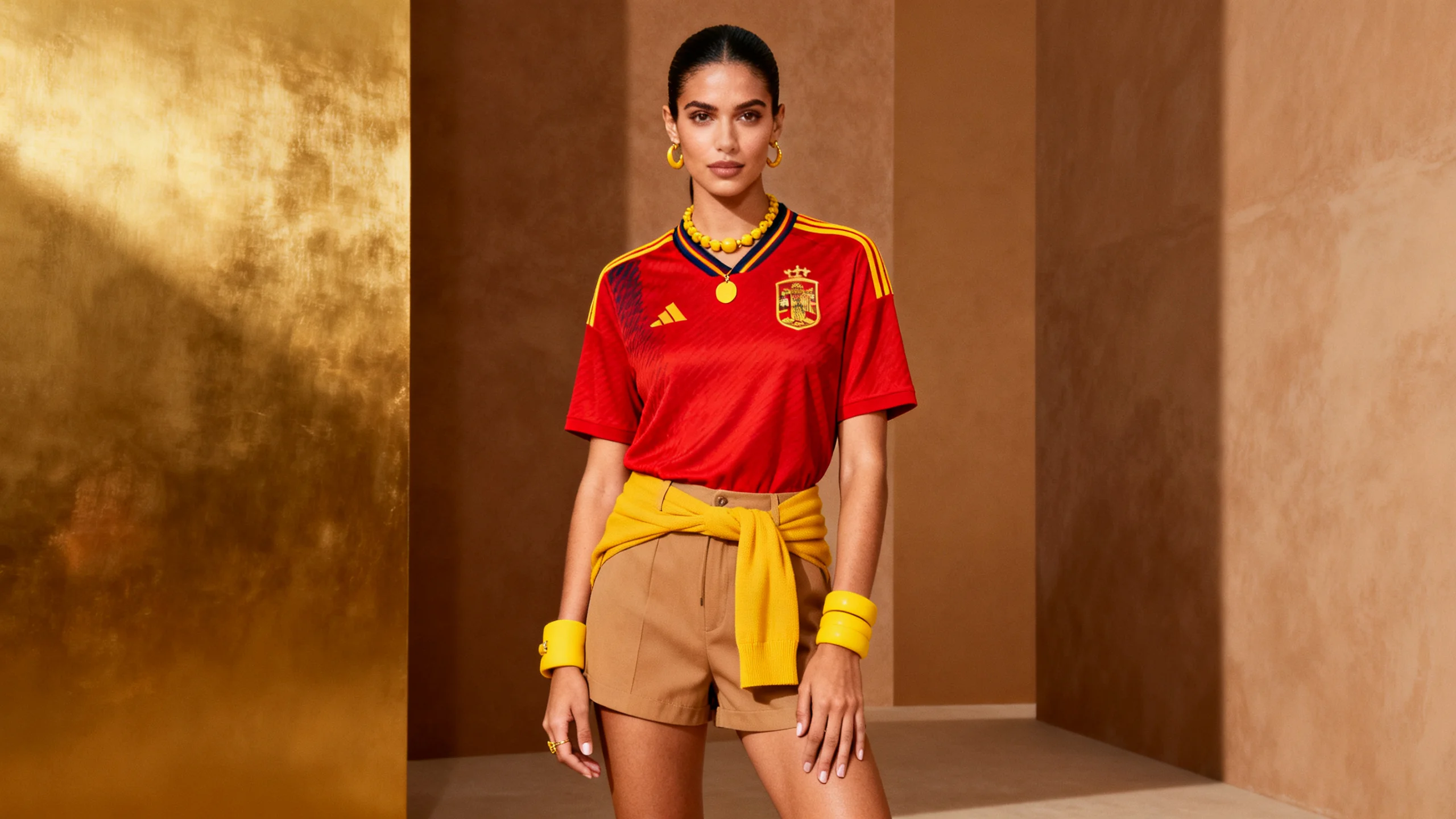 Spain team fan outfit showing la roja red-yellow passion