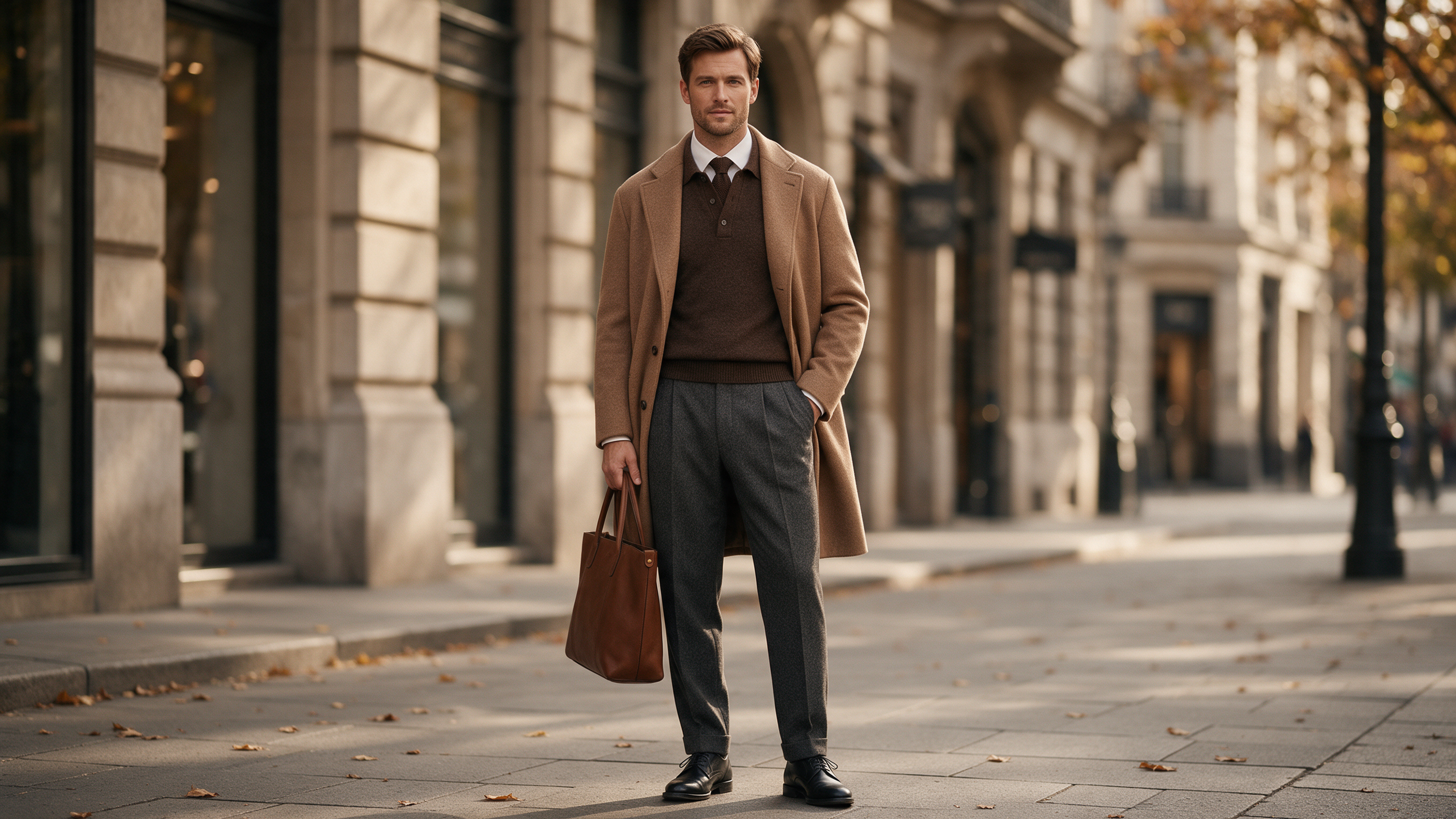 Man wears a camel wool overcoat worn open, layered over a dark brown long-sleeve wool knit polo shirt, with a crisp white dress shirt collar and a dark brown knitted tie visible at the neck showing clear three-layer structure, charcoal grey pleated wool trousers, brown leather tote bag in one hand, black leather oxford shoes.