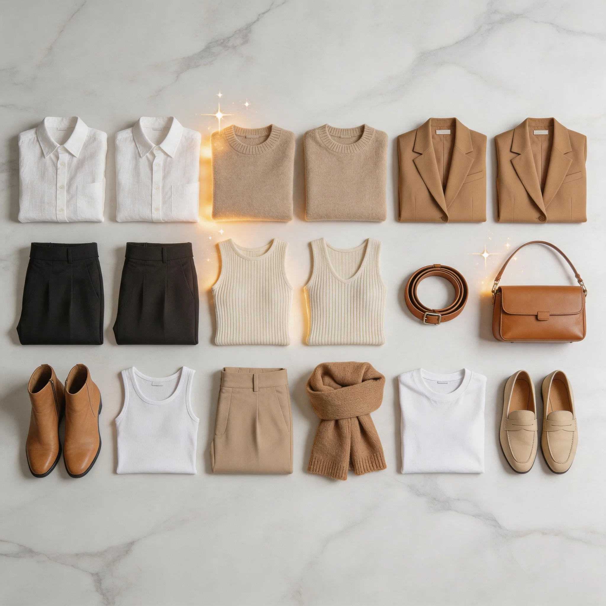 Clean phone mockup showing AI capsule wardrobe planner app interface with organized clothing grid