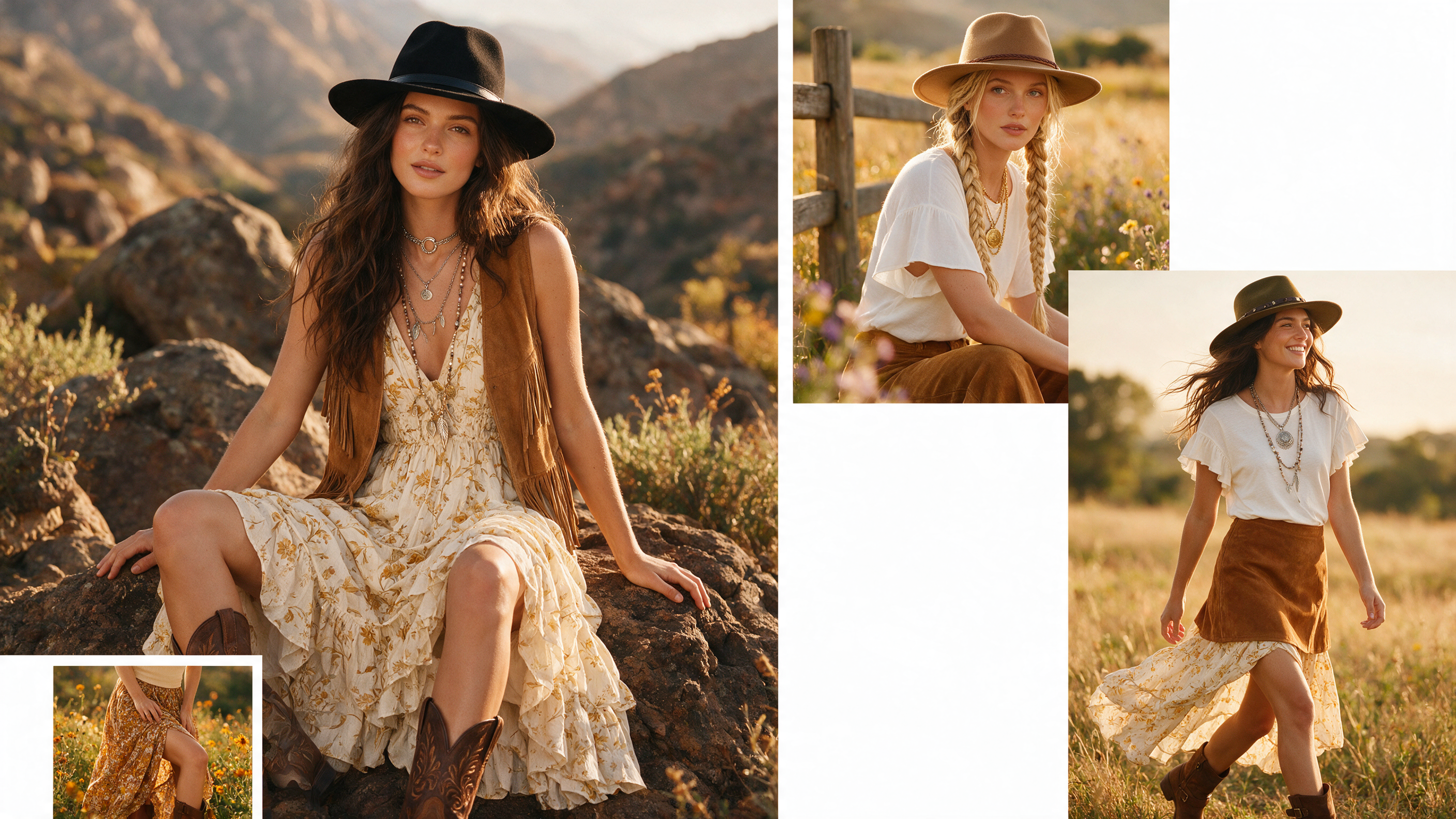 Grid of 12 modern boho chic outfit formulas for 2026, from maxi dresses to city-ready denim looks