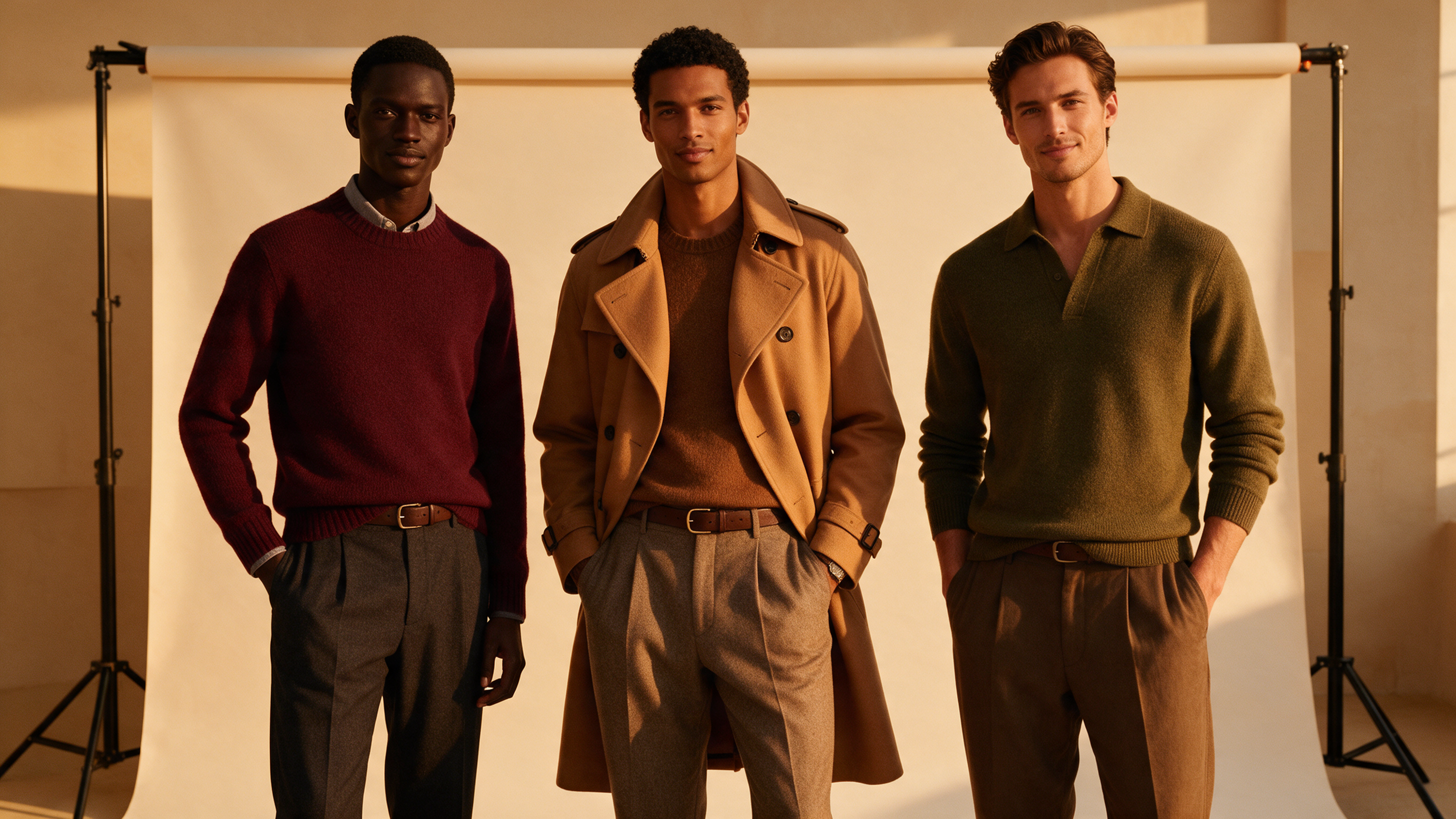 Left man wears a rich burgundy sweater against deep brown skin, center man wears a camel trench coat over warm brown skin, right man wears an olive green knit against light olive skin.