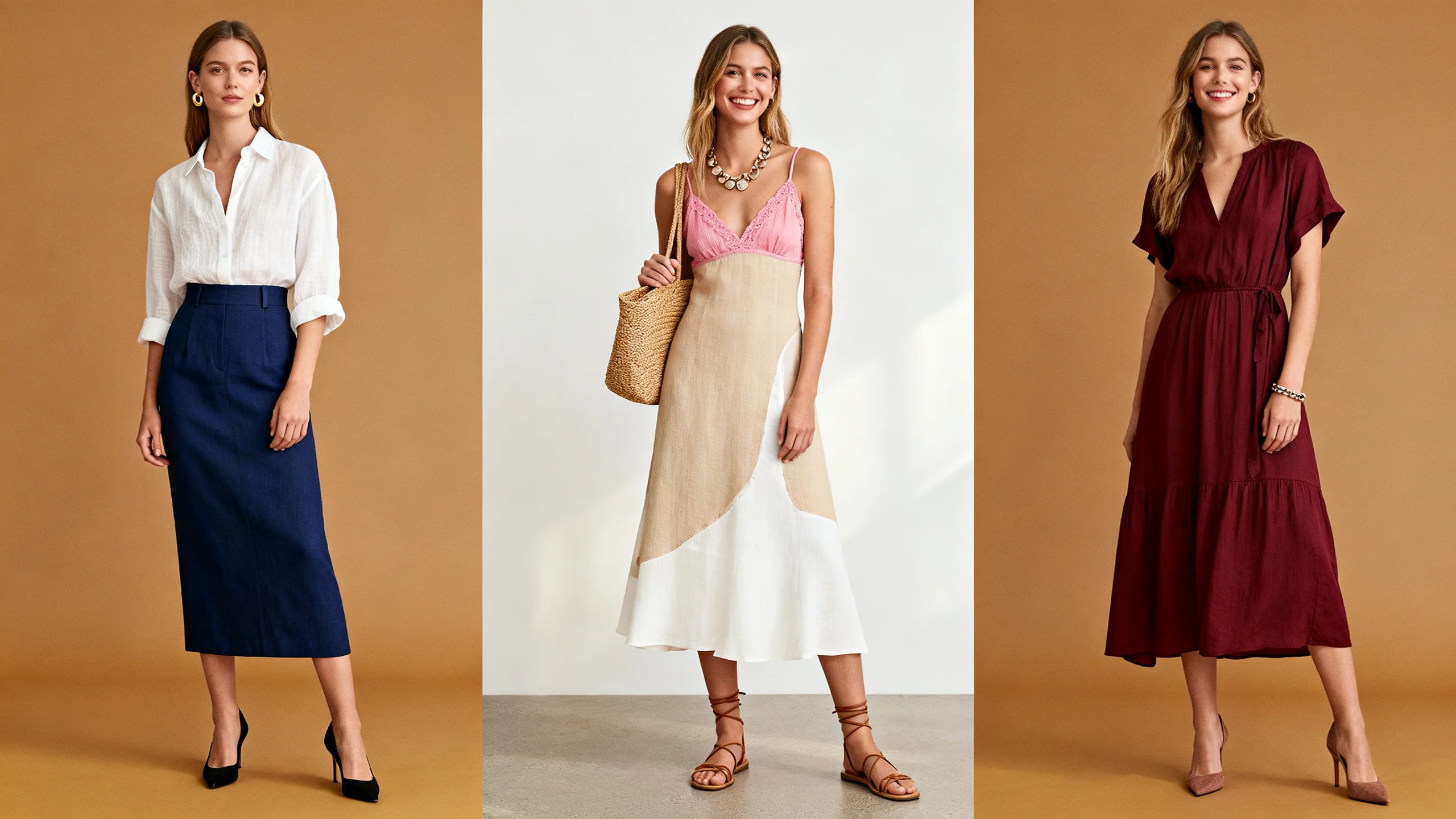 Three summer date night outfit ideas showing smart casual first date look, comfortable confidence early relationship style, and effortless chic established relationship ensemble