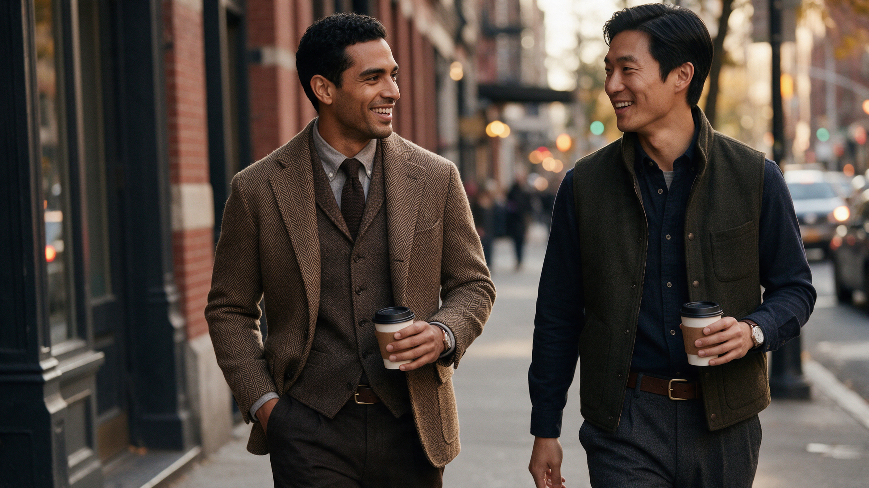 Man wearing a tailored vest outfit in a modern city setting, 2026 men's fashion editorial style