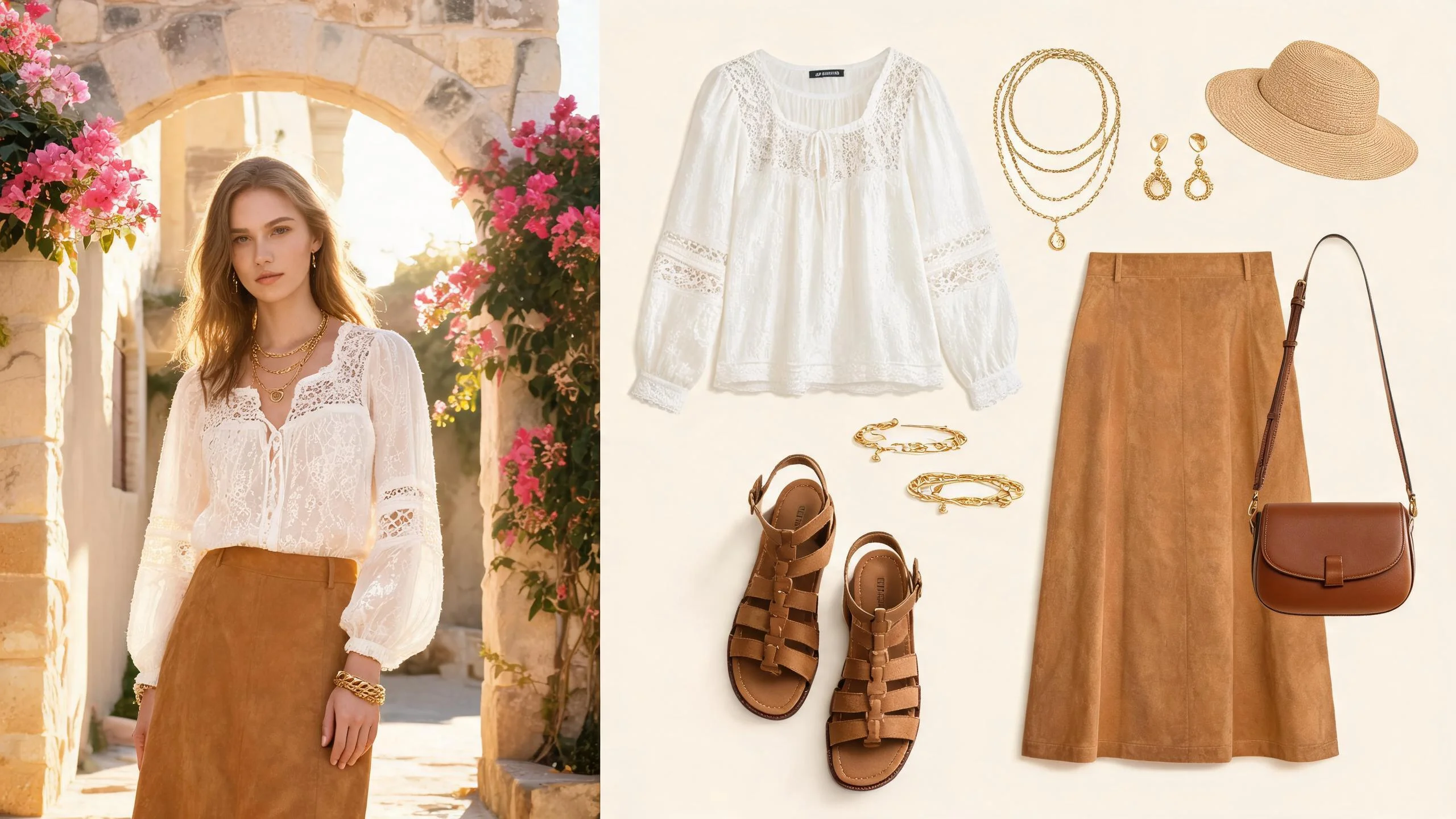 Boho capsule wardrobe flat lay with linen pants, cream peasant blouse, denim skirt, woven belt, and layered gold jewelry