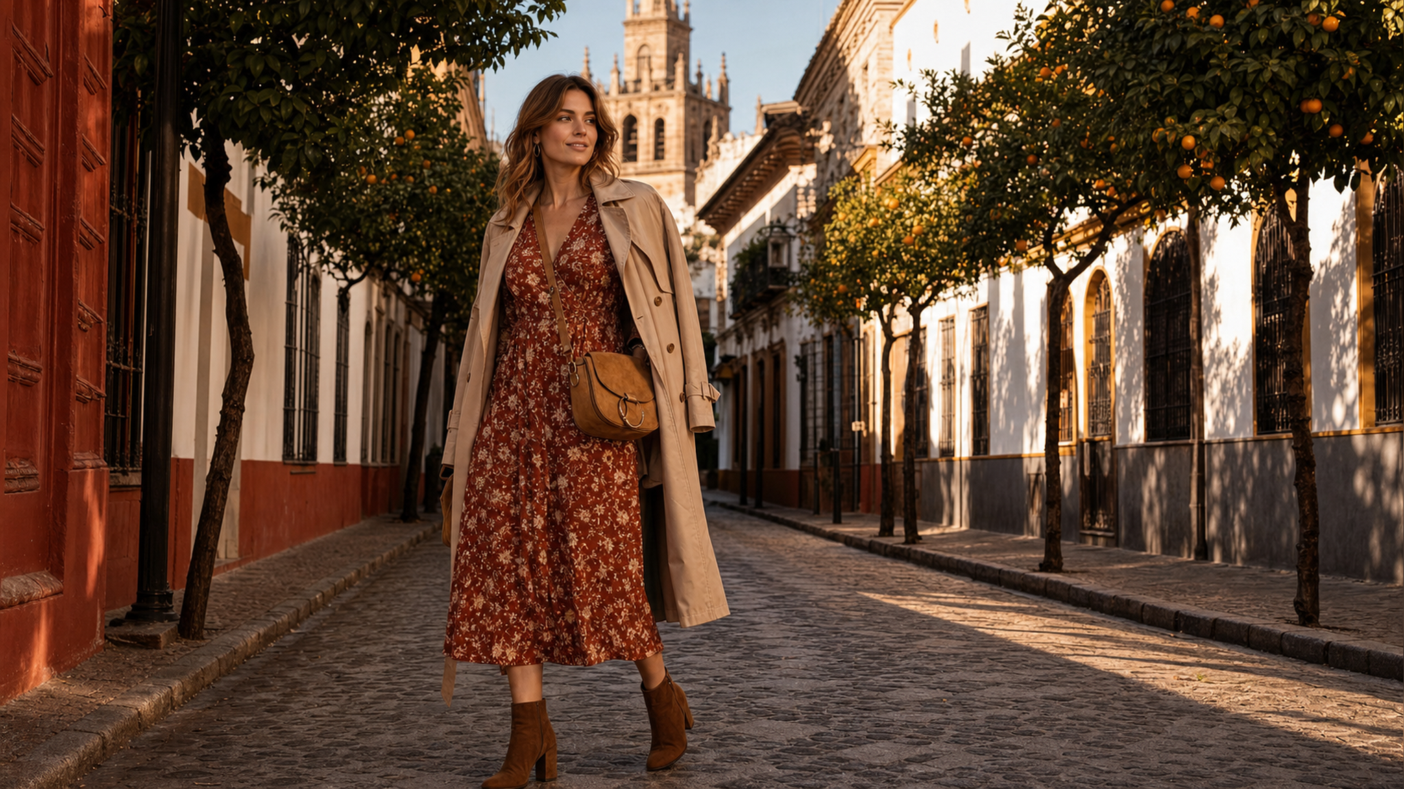Fall and winter Spain outfit ideas for Barcelona and Seville: warm coats, ankle boots, and layered knits.