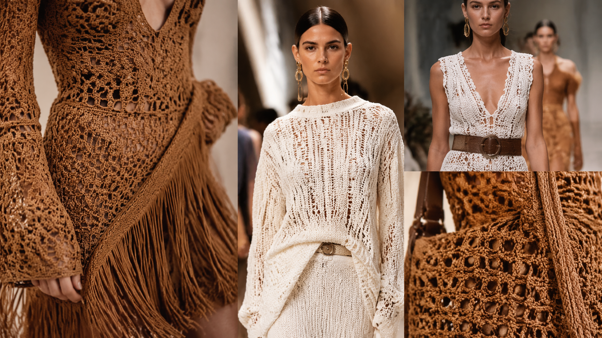 A runway-inspired collage of crochet textures, including close-up details of woven loafers, open-weave dresses, and neutral summer accessories