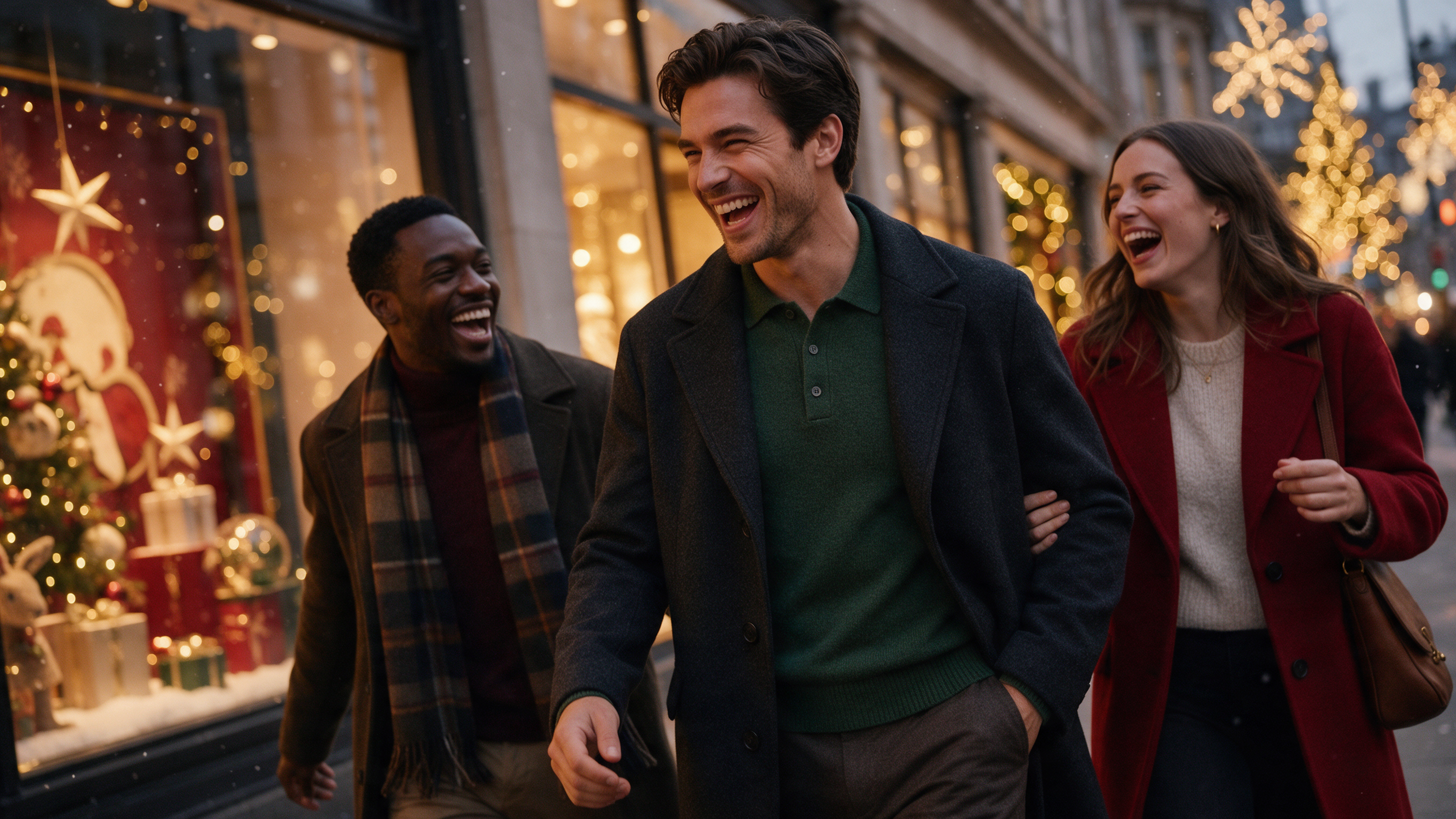 Main model in a forest green knit polo and charcoal overcoat walking and laughing with friends on a snowy city street at night