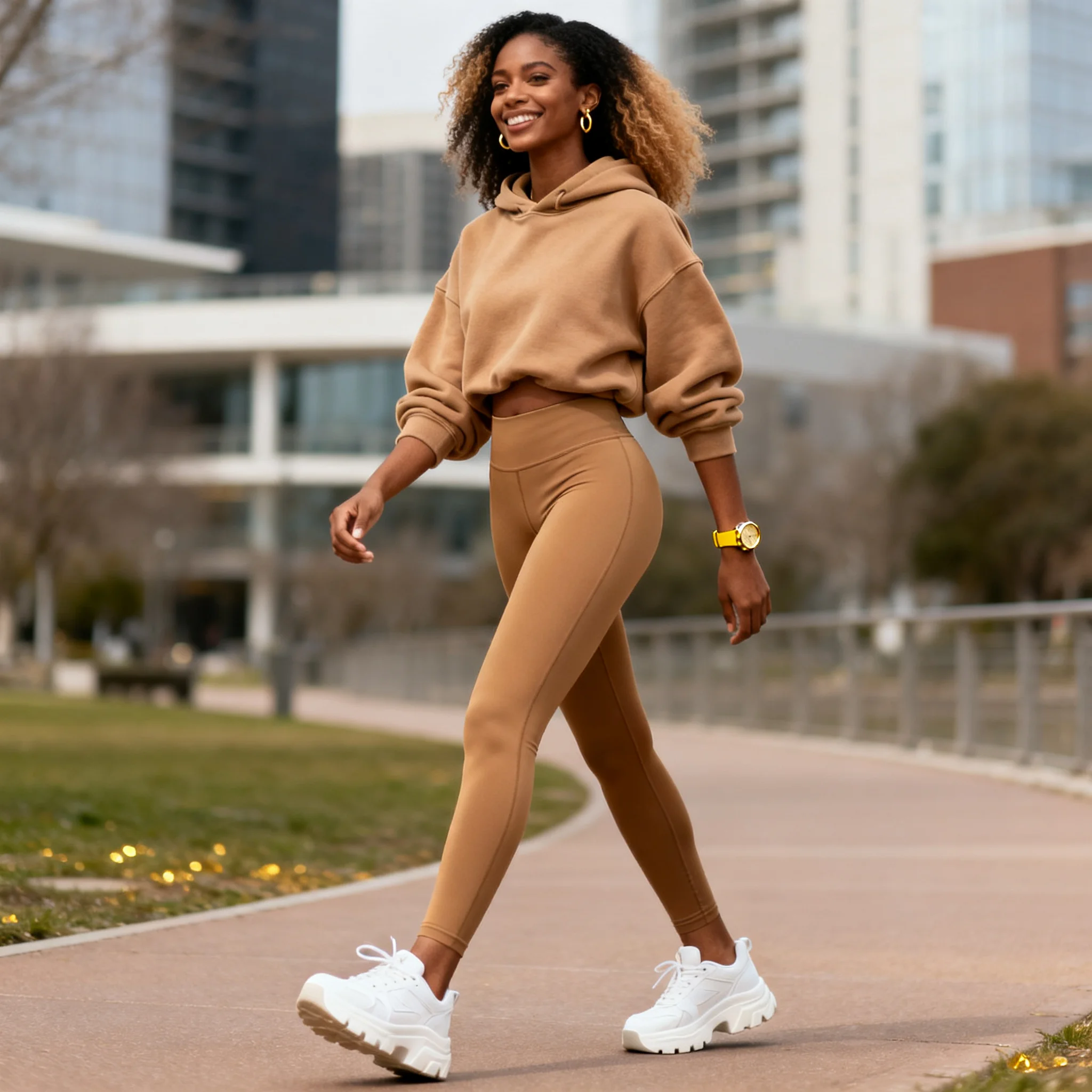 Athleisure street style woman walking confidently in trendy activewear outfit with sneakers and oversized sunglasses