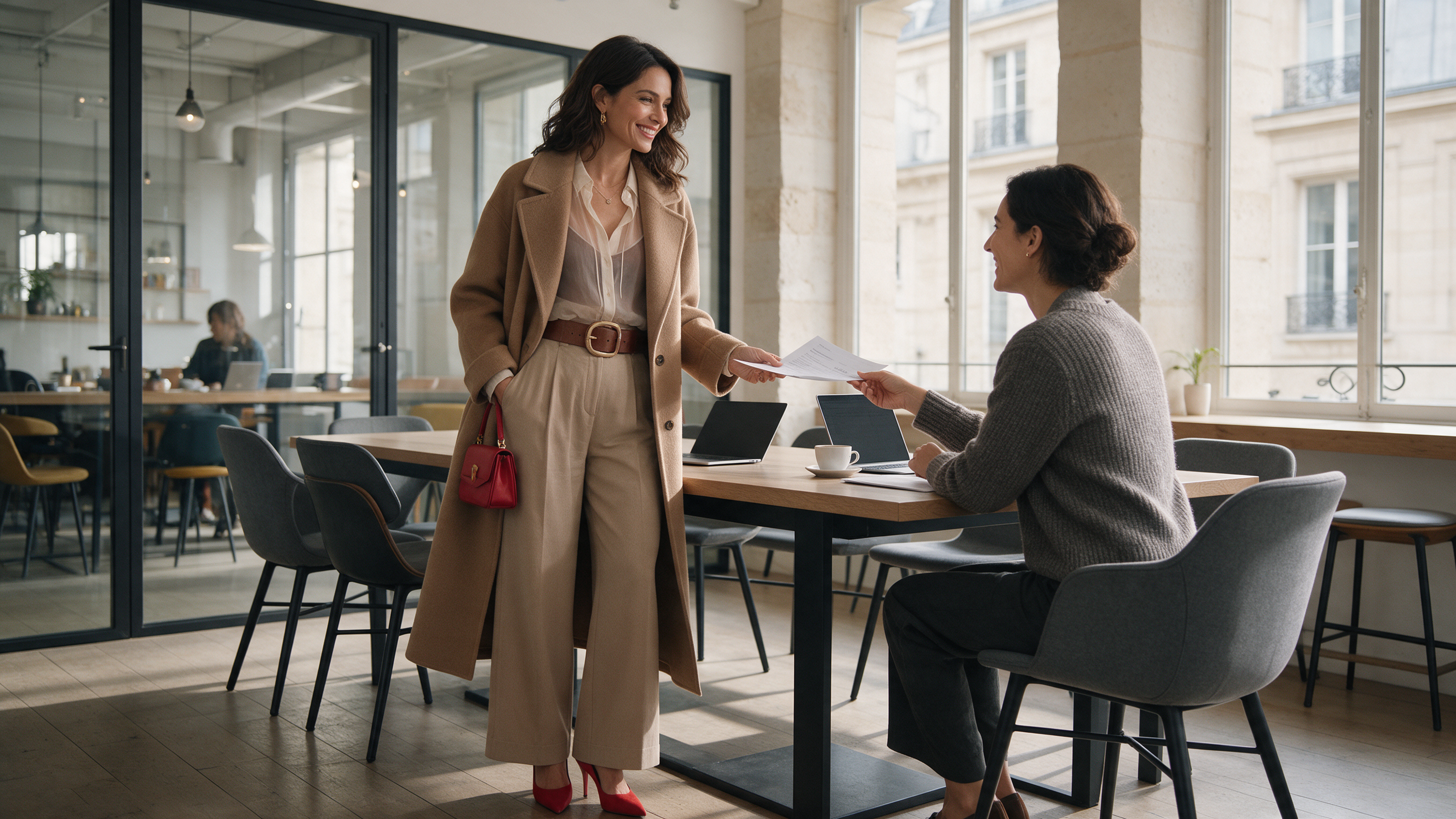 Paris Fashion Week 2024 street style: longline tailored coats, sheer layered dresses, and bold red accents outside the show venues