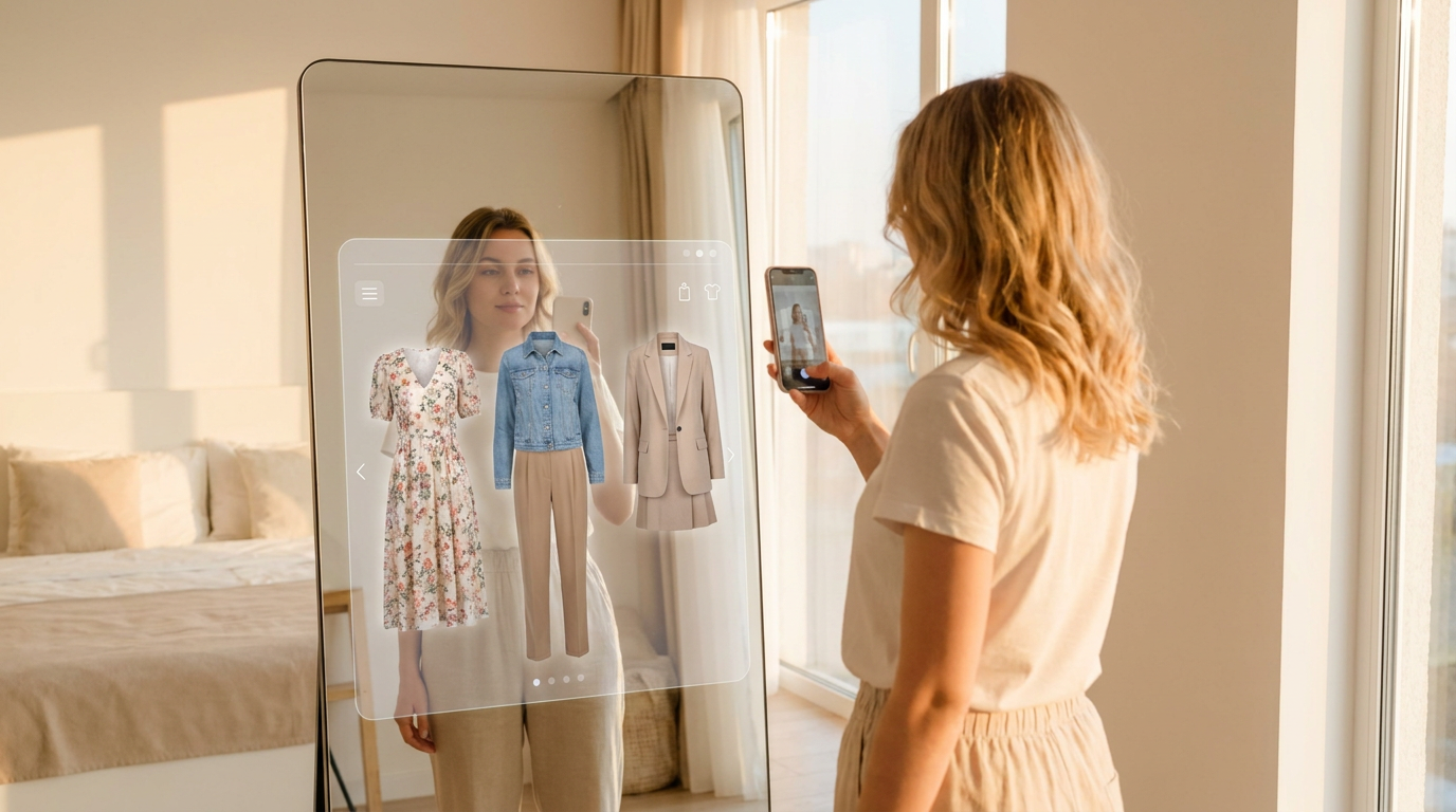 Young woman using a smartphone AI fashion app in front of a mirror, virtual outfit overlay showing different clothing combinations on her reflection, modern bright bedroom, tech-forward aesthetic