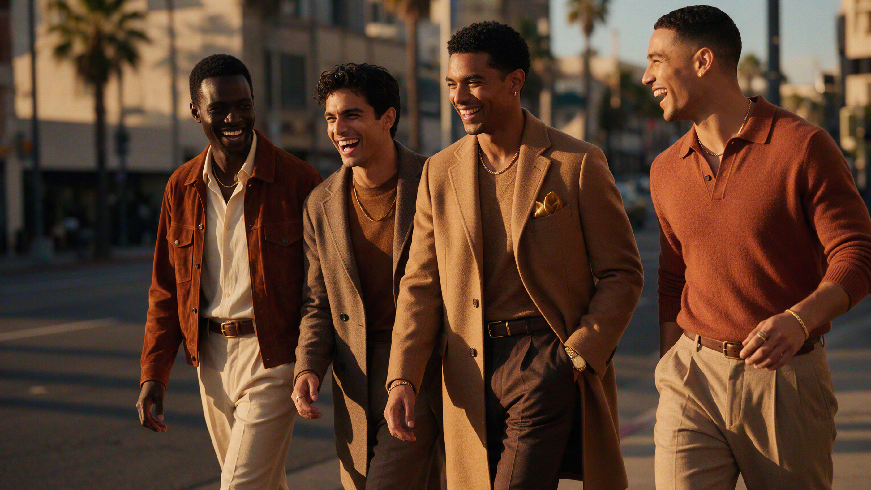 Man in an ivory shirt and rust-brown suede jacket, medium warm brown Latino man in a camel overcoat with gold pocket square, light olive-skinned man in a terracotta knit, all wearing coordinated warm-toned autumn outfits with gold jewelry accents.