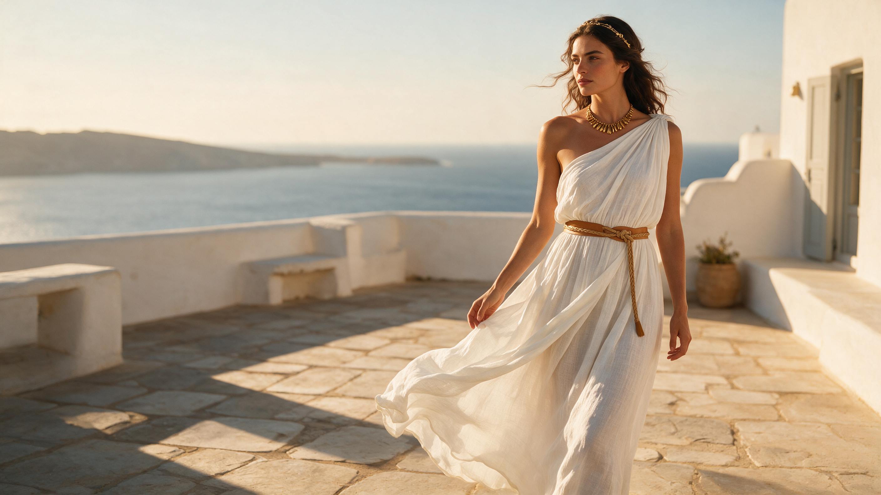 Champagne Grecian maxi dress with gold sandals at sunset by the Aegean Sea.
