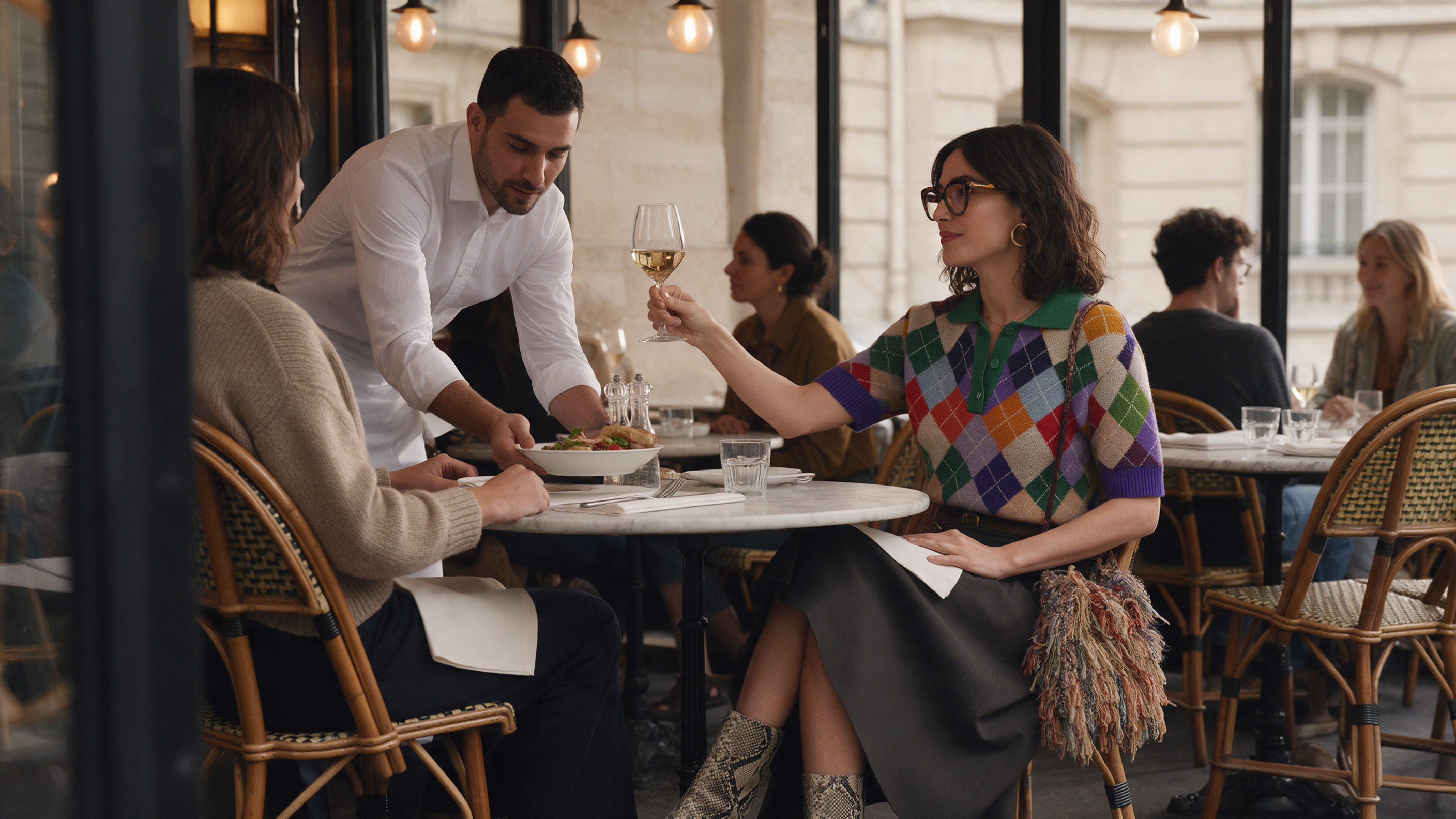 Paris Fashion Week 2025 street style: snakeskin ankle boots, argyle knits, and fringed textures at a Paris cafe between shows