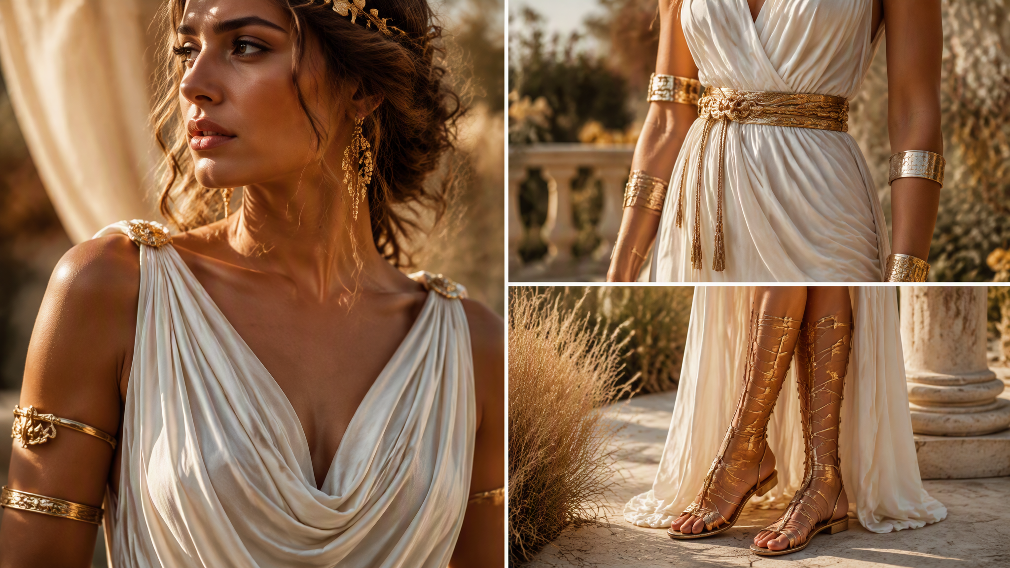 Close-up of Grecian dress and gold accessories